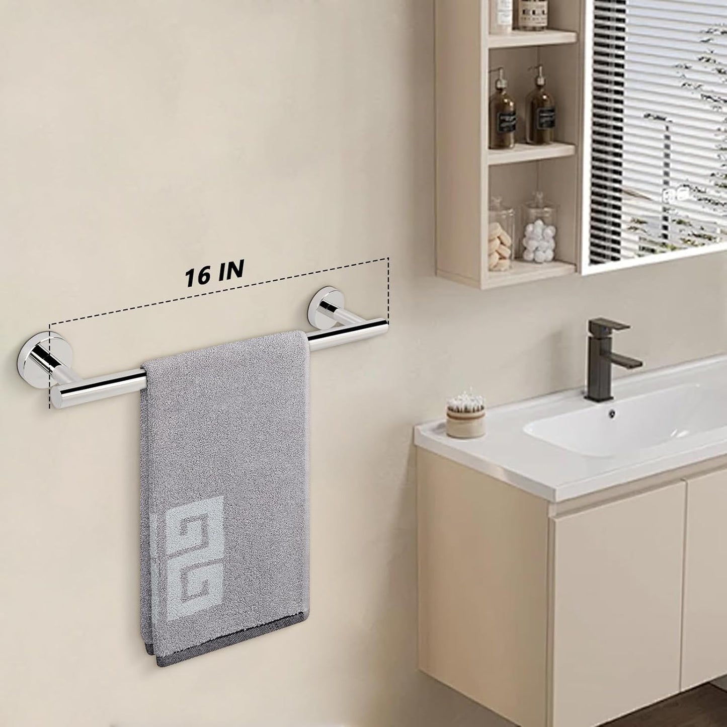 NearMoon Bath Towel Bar, Bath Accessories Thicken Stainless Steel Shower Towel Rack for Bathroom, Towel Holder Wall Mounted (1 Pack, Chrome Finish, 16 Inch)