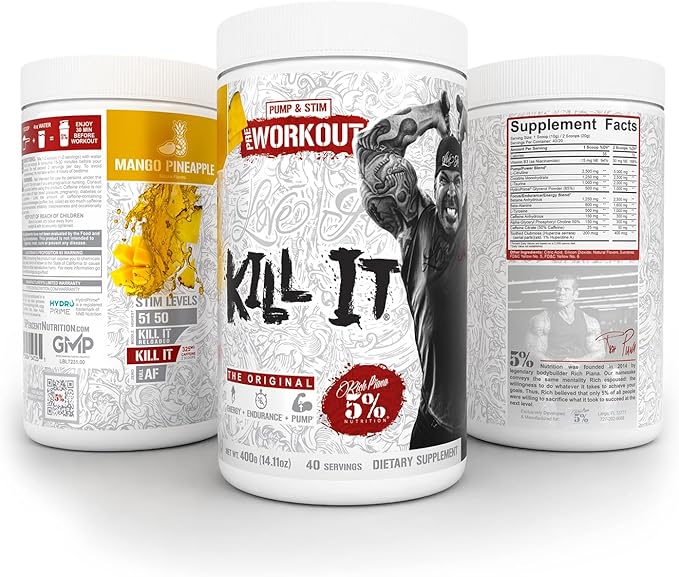 5% Nutrition Rich Piana Kill It Pre Workout Powder w/Creatine, Caffeine, Beta Alanine, Hydroprime Glycerol for Pump, Strength, Endurance | 14.11 oz, 40 Srvgs (Mango Pineapple)