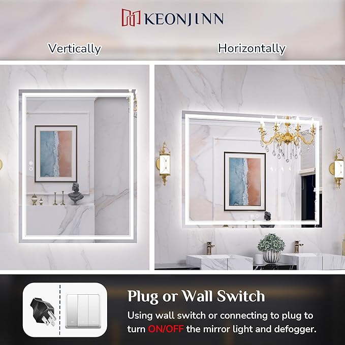 Keonjinn 48 x 40 Inch LED Bathroom Mirror 90+(Horizontal or