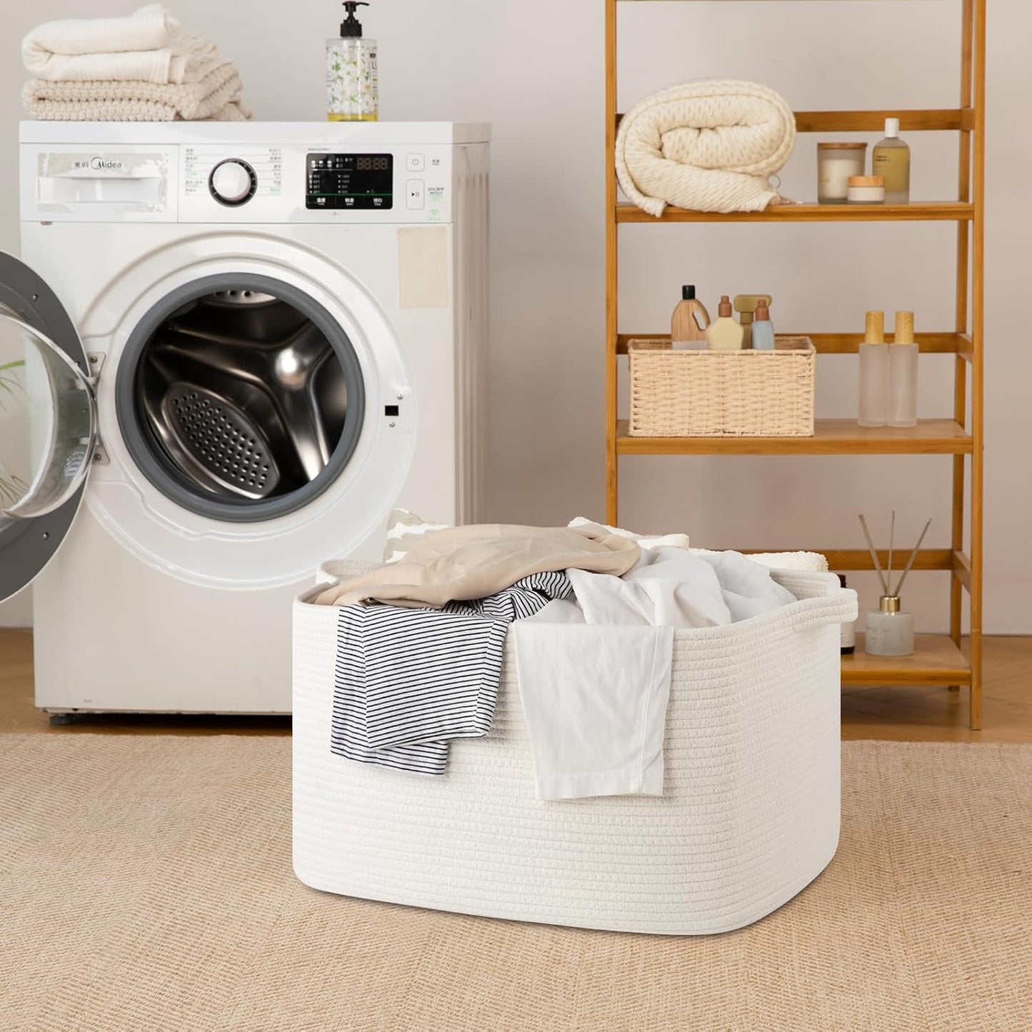 65L Large Storage Basket, Cotton Rope Woven Blanket Basket, Toy Storage for Baby Room, Living Room, White