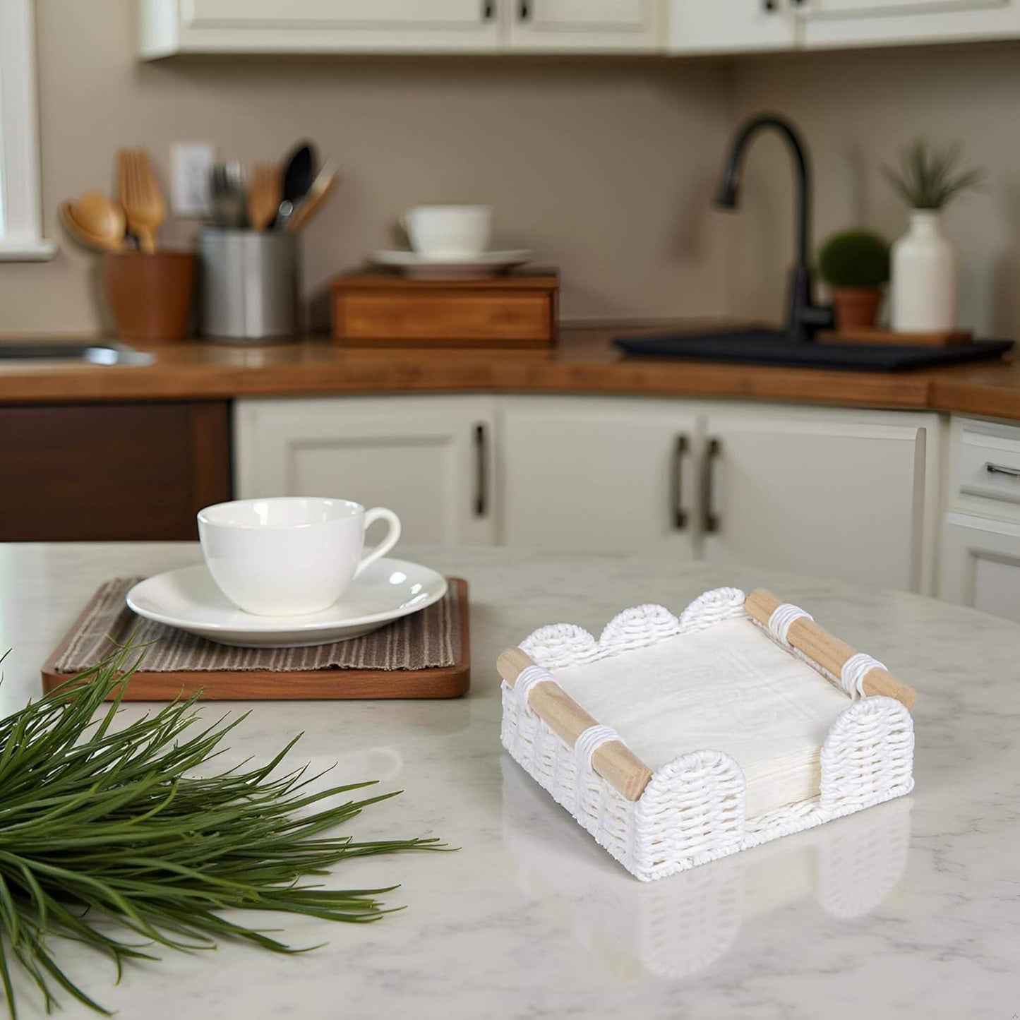 CubesLand Scalloped Napkin Holder for Table, Farmhouse Warming Home Kitchen Decor, Paper Rope Flat Napkin Dispenser Guest Towel Tray for Bathroom, Disposable Napkin Basket for Dining Table, White