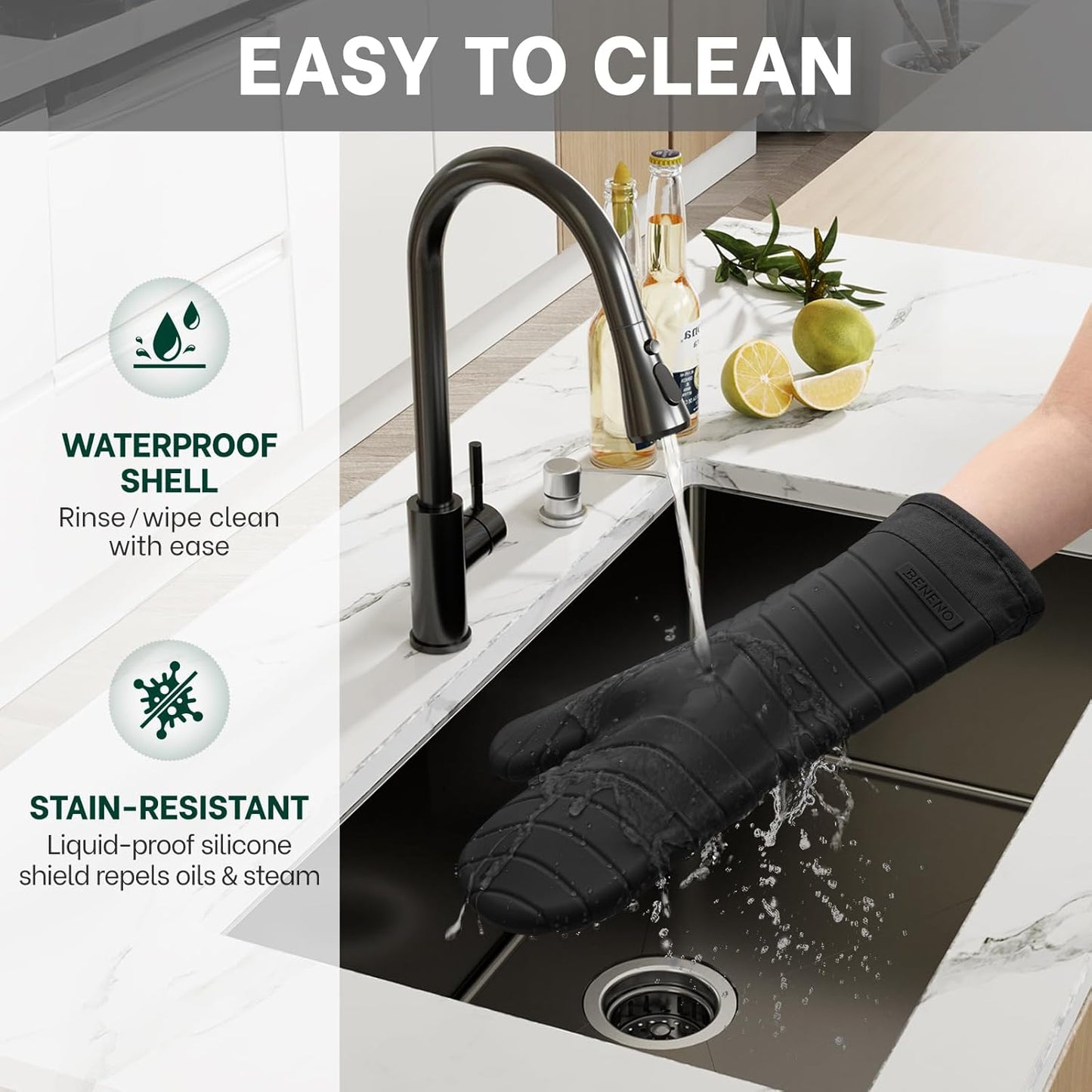 Beneno BPA-Free Silicone Oven Mitts, Heat Resistant Waterproof Oven Mitts with Non-Slip Textured Grip, Comfortable Quilted Lining, Kitchen Pot Holders for Cooking, Baking, Grilling, 7"x13", 2Pcs Black