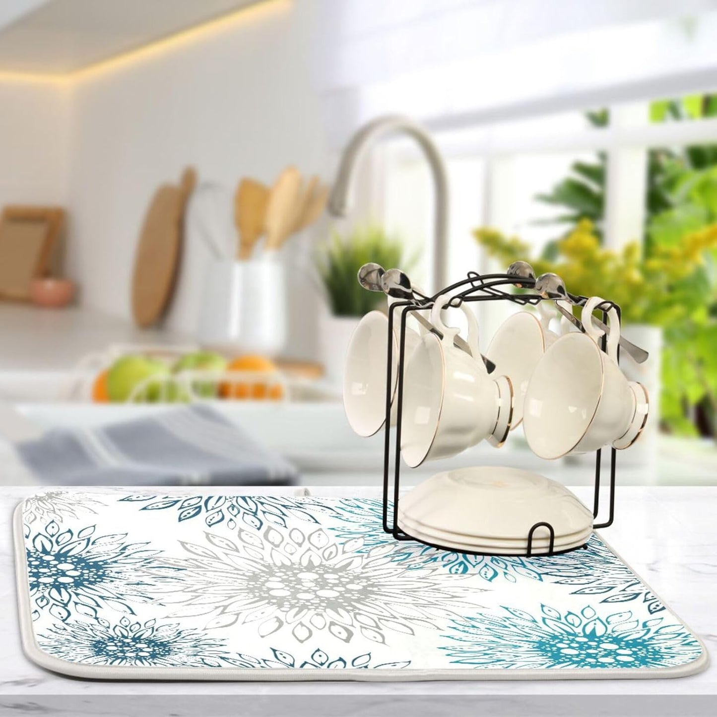 Abstract Flowers Sunflowers Dish Drying Mat for Kitchen Counter Absorbent Microfiber Drying Pad, Medium 16x18 in, Blue White Reversible Drainer Mats