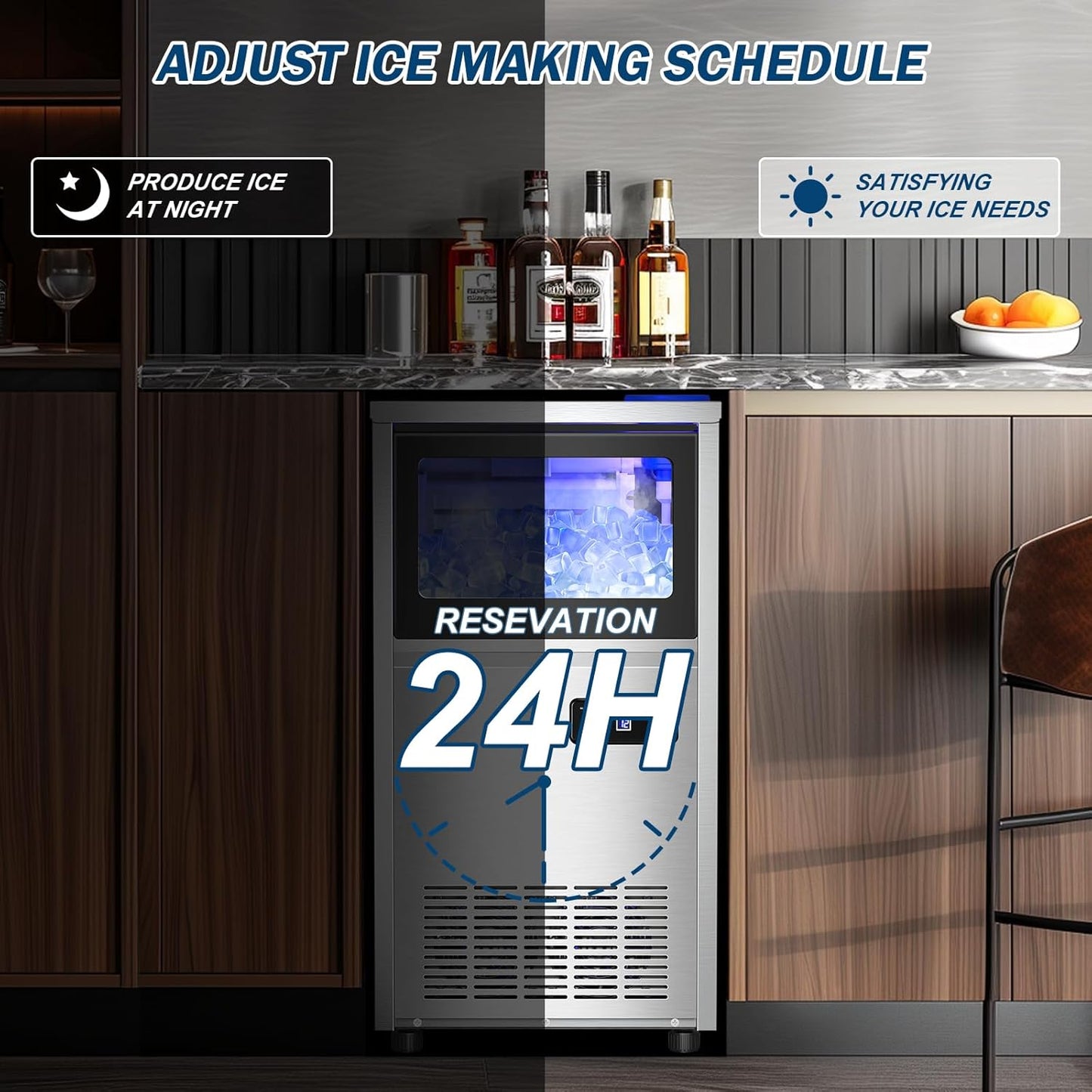 140Lbs/24H Ice Maker Machine with 30Lbs Ice Capacity for Commercial &Home use, 50Pcs Clear Ice Cubes per Round in 11-20Mins, Stainless Steel Under Counter Freestanding Ice Machine Maker