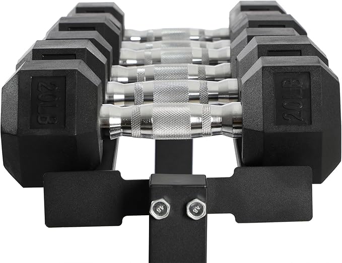 HolaHatha 10, 15, 20, 25, and 35 Pound Rubber Encased Hexagon Non Slip Dumbbell Weight Set with Rack for Various Strength Training Workouts, Black