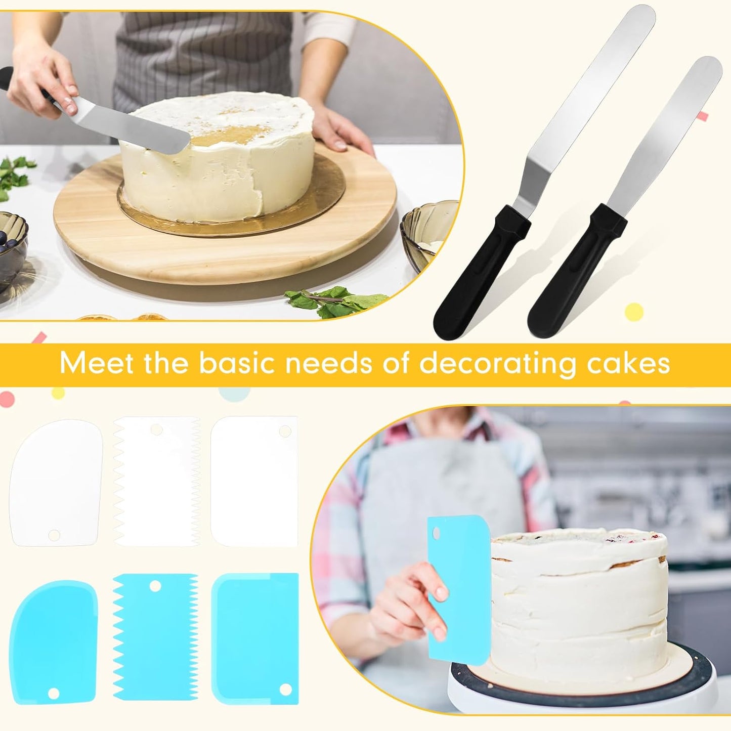 Nuogo 154 Pcs Aluminum Cake Decorating Tools Kit with 12 Inch Aluminum Cake Turntable, Cake Decorating Gun with 6 Heads, 34 Pcs Cake Decorating Set, 11 Cream Spatula Set, 100 Cream Piping Bag