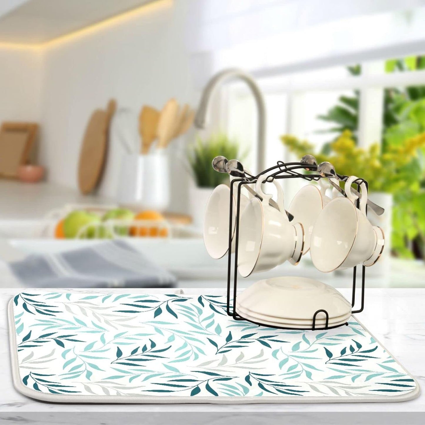 Blue Grey Olive Leaves Dish Drying Mat for Kitchen Counter Absorbent Microfiber Drying Pad, Large 18x24 in, Reversible Drainer Mats