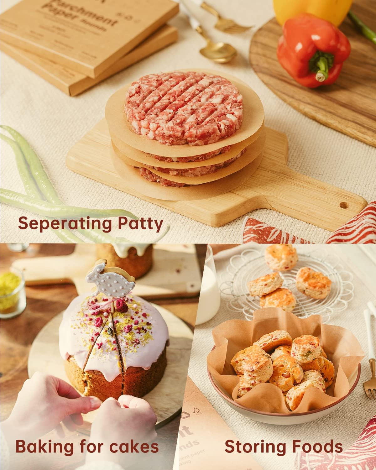 Katbite 200Pcs 10 Inch Parchment Paper Rounds, Unbleached & Non-stick, Precut Parchment Circles for Spring Pan, Storage/Freezing Hamburger Patties