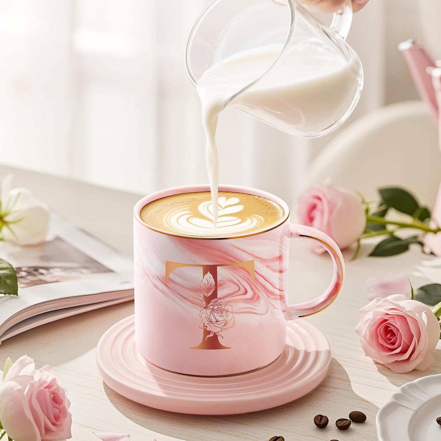 Personalized Gifts for Women Coffee Mug, Initial Customized Gift Monogrammed A-Z Coffee Mug 12 OZ, Christmas Anniversary Birthday Gifts for Women Mom Grandma Friend Sister Wife (T)