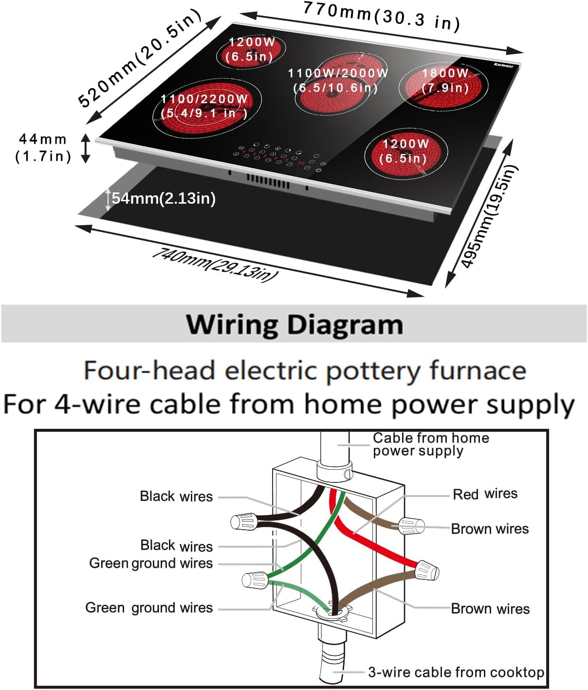 Karinear 30 Inch Electric Cooktop 30 Inch 5 Burners Electric Stove Ceramic Cooktop, Drop-in Electric Radiant Cooktop with Front and Back Metal Frame, Lock, Timer, 8400W, 220-240V, Hard Wire, No Plug