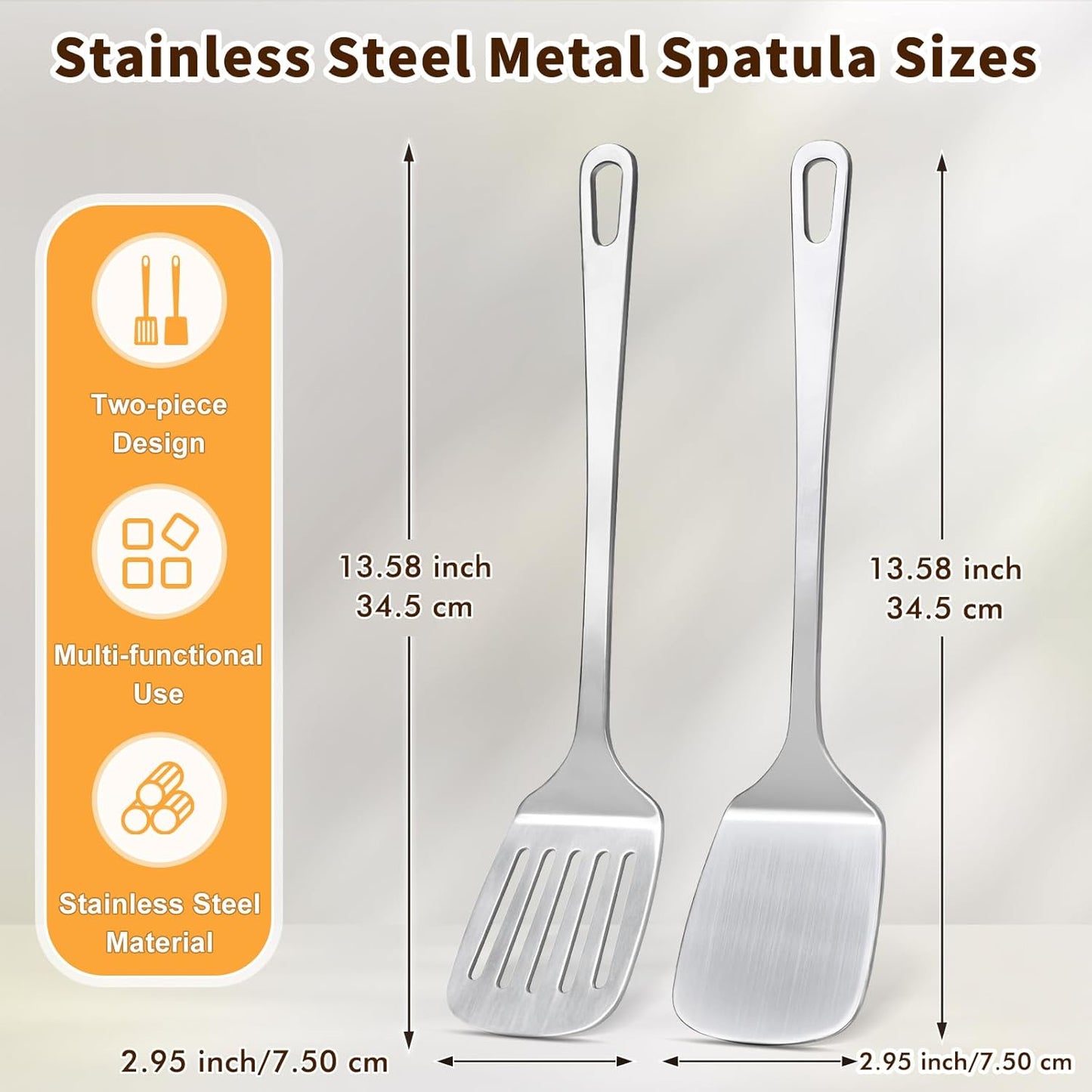 Stainless Steel Spatula, Metal Spatula Solid Turner, Heavy Duty Sturdy Spatulas for Kitchen Use, High Heat Resistant Cooking Utensils for Fish Eggs Pancakes, Dishwasher Safe, Easy to Clean, Silver