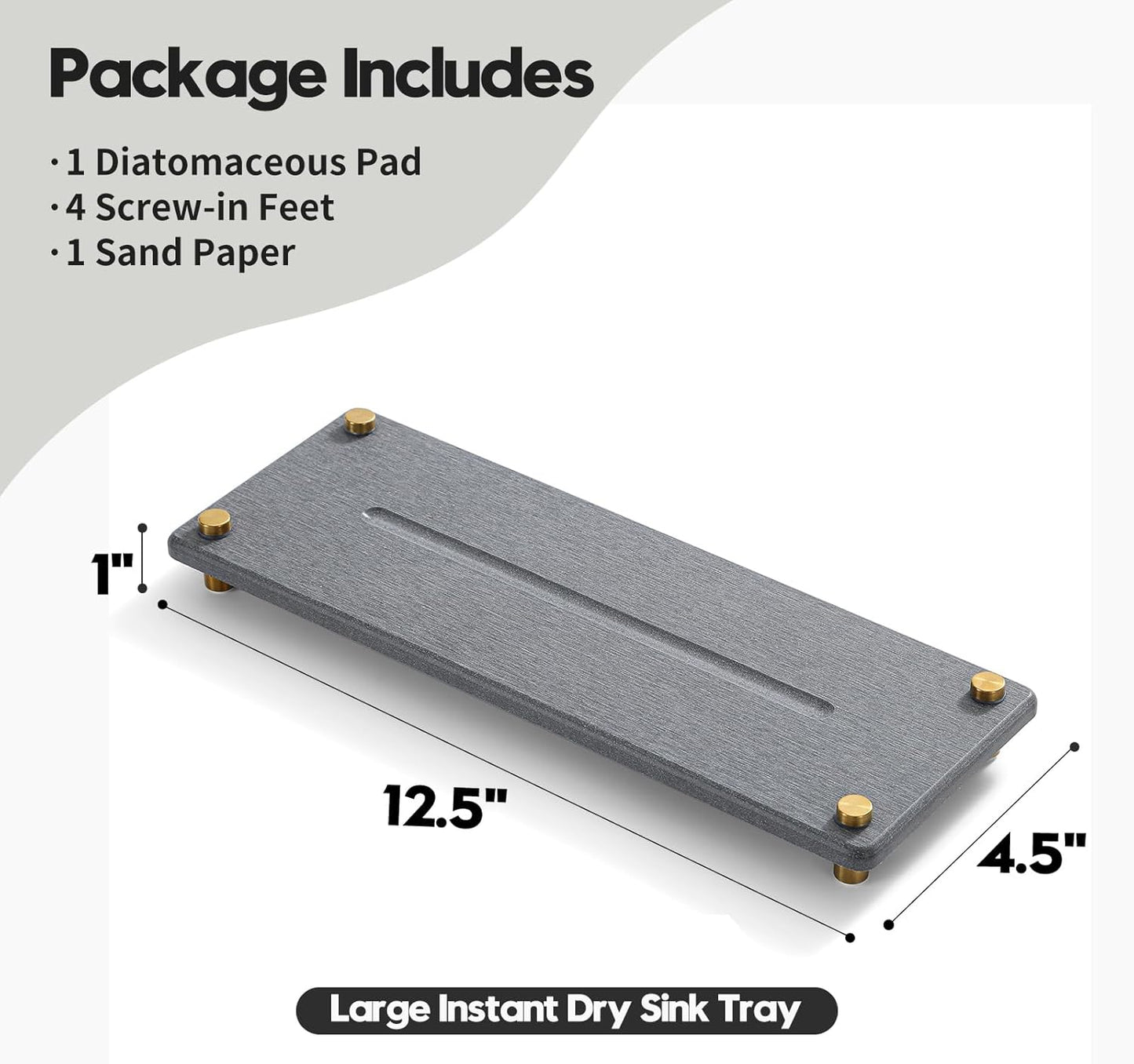 Kitchen Sink Caddy Water Absorbing Stone Drying Tray, Diatomite Bathroom Sink Organizer, Faucet Counter Mat Coaster, Soap Dish Rack Riser Dispenser Sponge Holder, Dark Gray Gold -12.5" x 4.5"