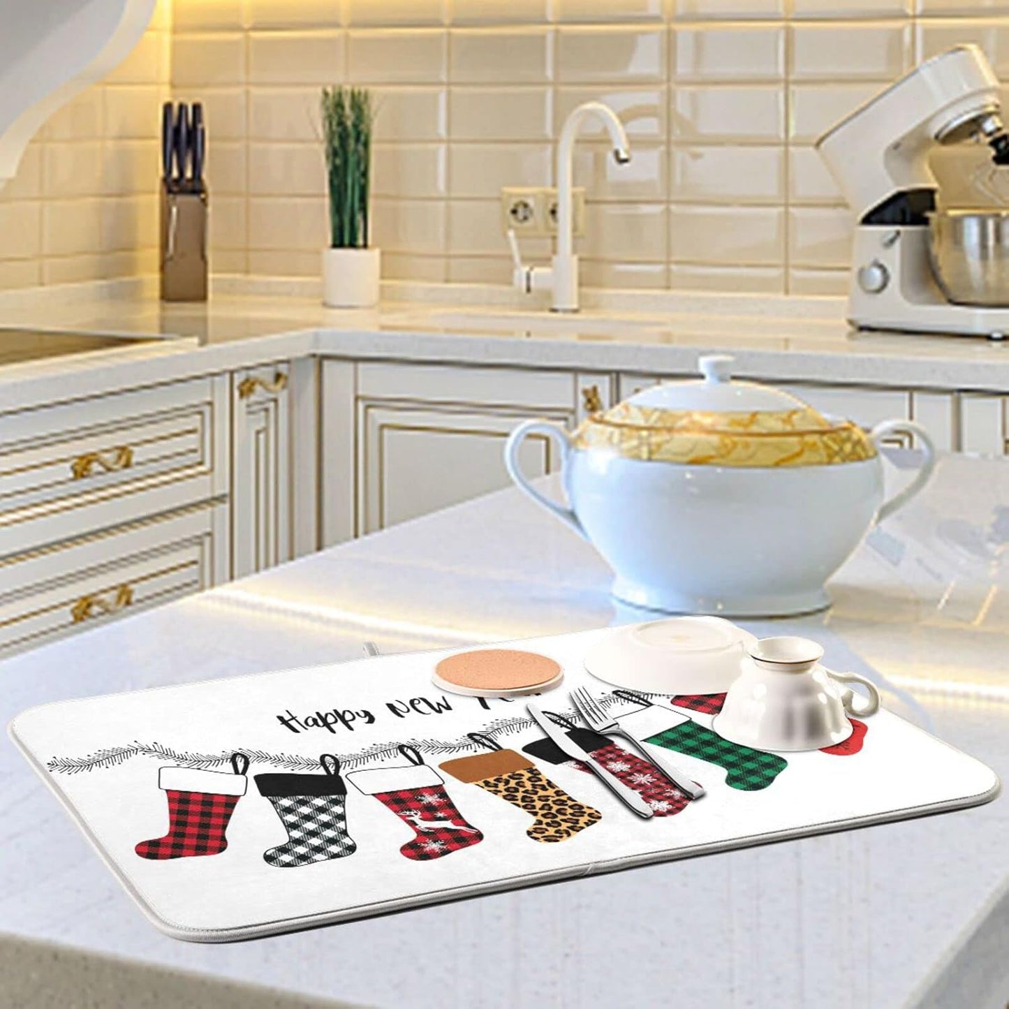 Super Absorbent Dish Drying Mat, Microfiber Fast-Drying Dish Mat, 24" x 18", Kitchen Dish Drying Pad, Christmas Stockings