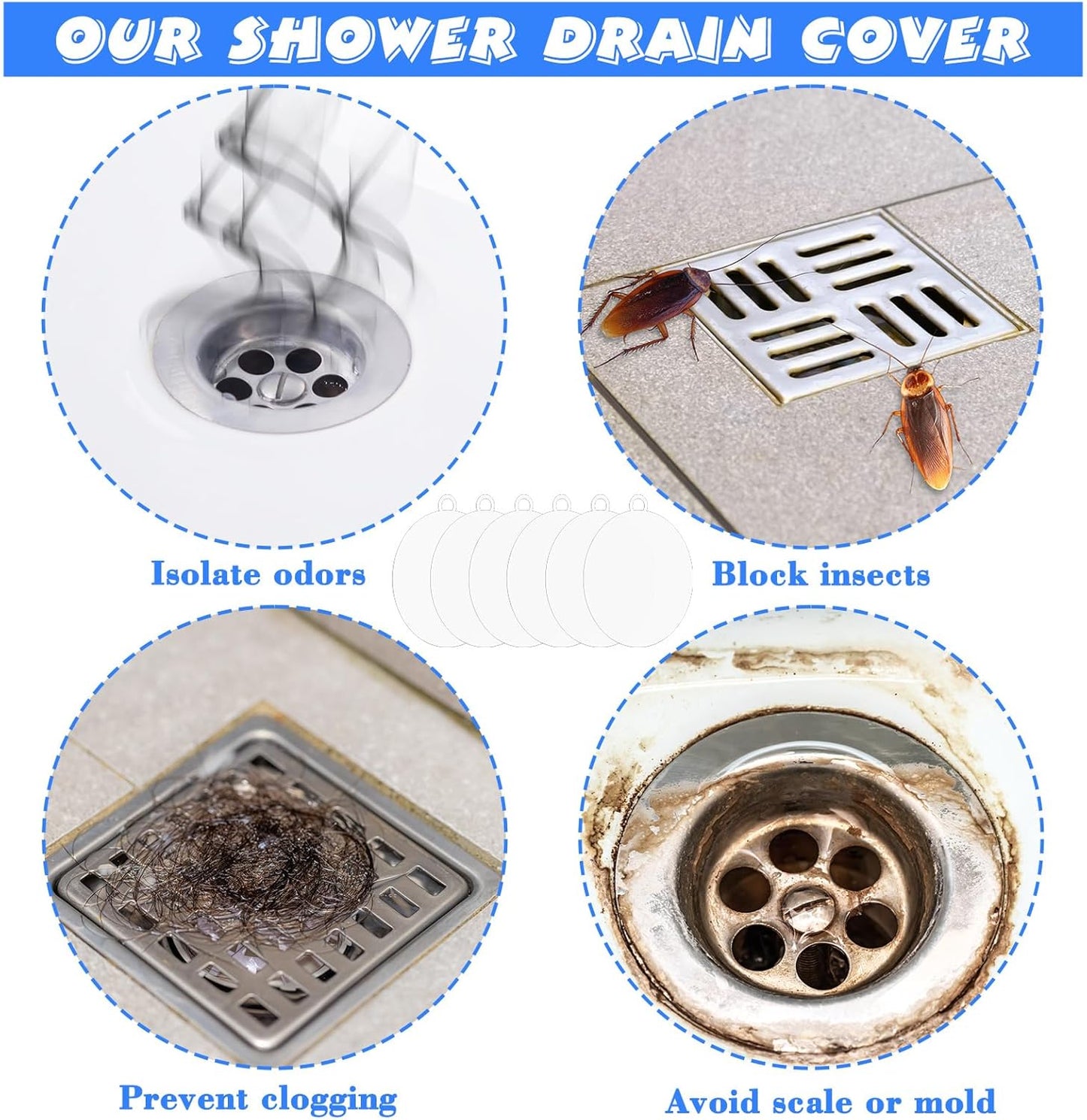 Yinkin 6 Pcs Drain Covers to Keep Bugs Out Silicone Shower Floor Tub Stoppers Bathtub Drain Stoppers Sewer Anti-Odor Mats Deodorizing Plugs for Bathroom(6 x 6 Inch,Round,White)