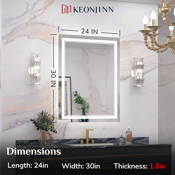Keonjinn LED Bathroom Mirror with Lights 24 x 30 Inch
