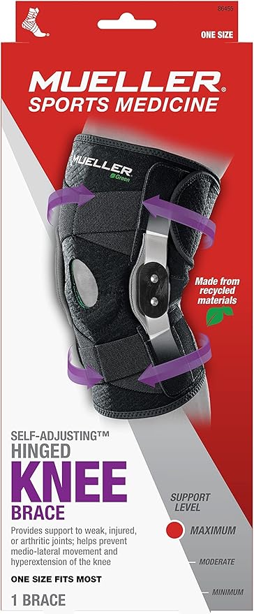 MUELLER Sports Medicine Green Self-Adjusting Hinged Knee Brace, Knee Pain Relief Support for Men and Women, Ideal for Arthritis, Sprains, Black, One Size