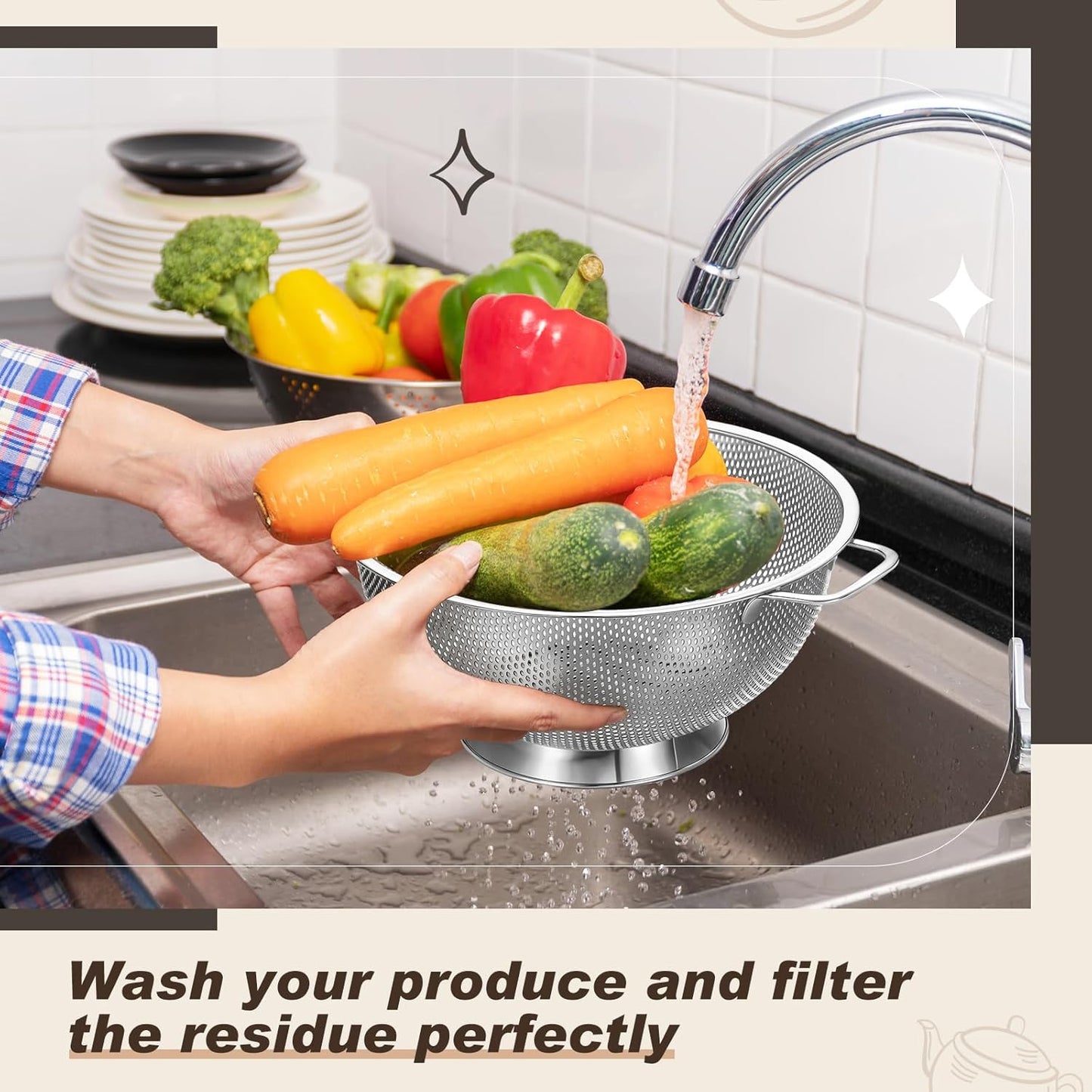 Norme 4 Quart Stainless Steel Silver Colander and 3 Pcs Silver Fine Mesh Strainer, Stainless Steel Pasta Rice Food Metal Strainer with Handles, Easy Clean and Dishwasher Safe