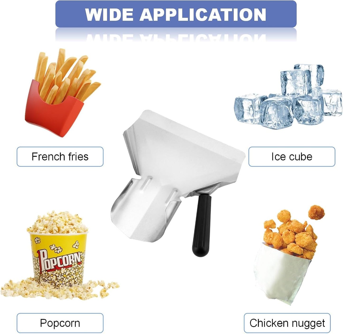 2-Pack Stainless Steel Popcorn Scoop Scooper - French Fry/Popcorn Quick-Fill Tool for Bagger Bags & Snack Machines (Desserts/Candy/Ice)