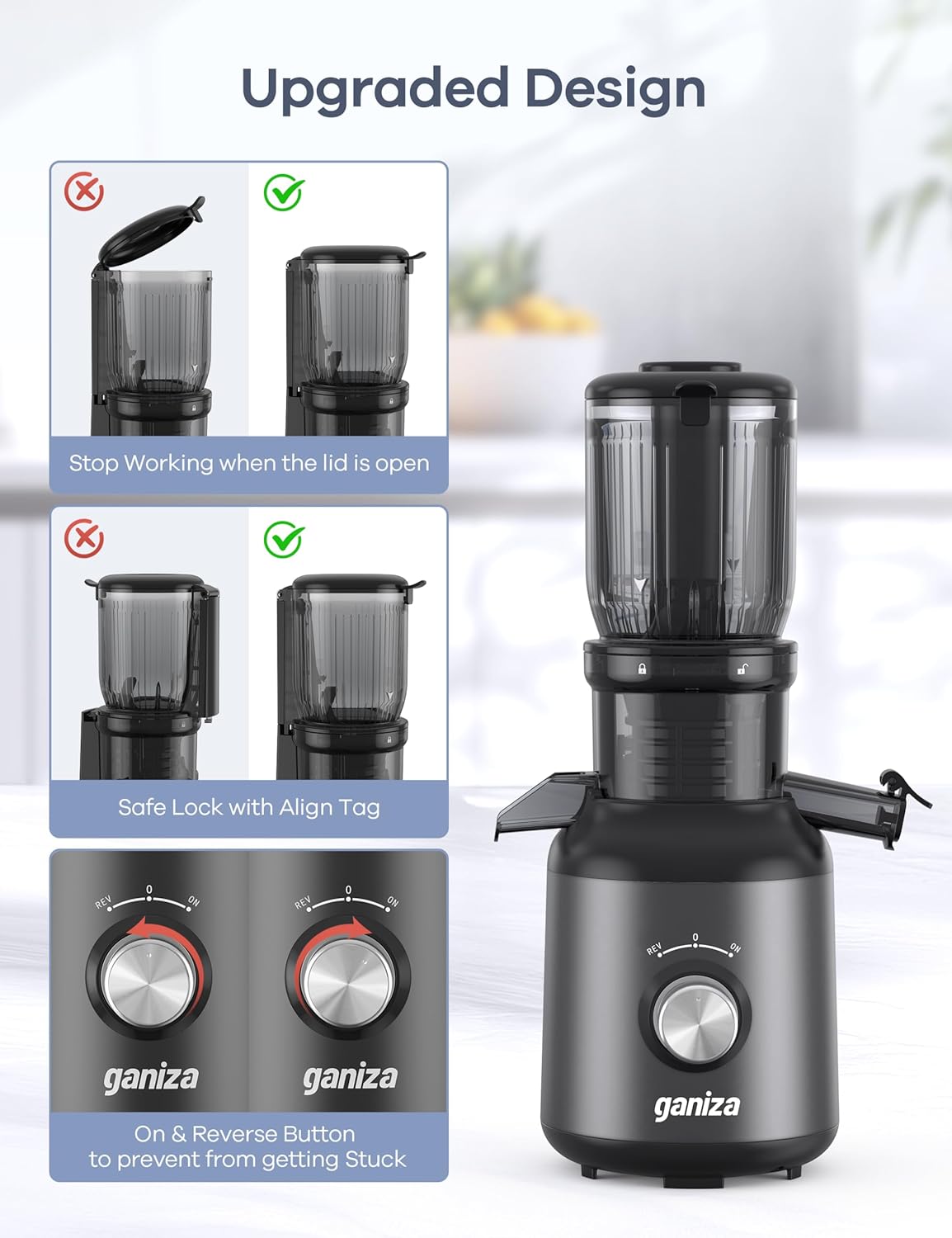 Ganiza Juicer Machines, Cold Press Juicer with 4.3" Large Feed Chute for Whole Fruits & Vegetables, Slow Masticating juicers with 3 Replace Filters for Batch Juicing, Easy to Clean, BPA Free (Black)