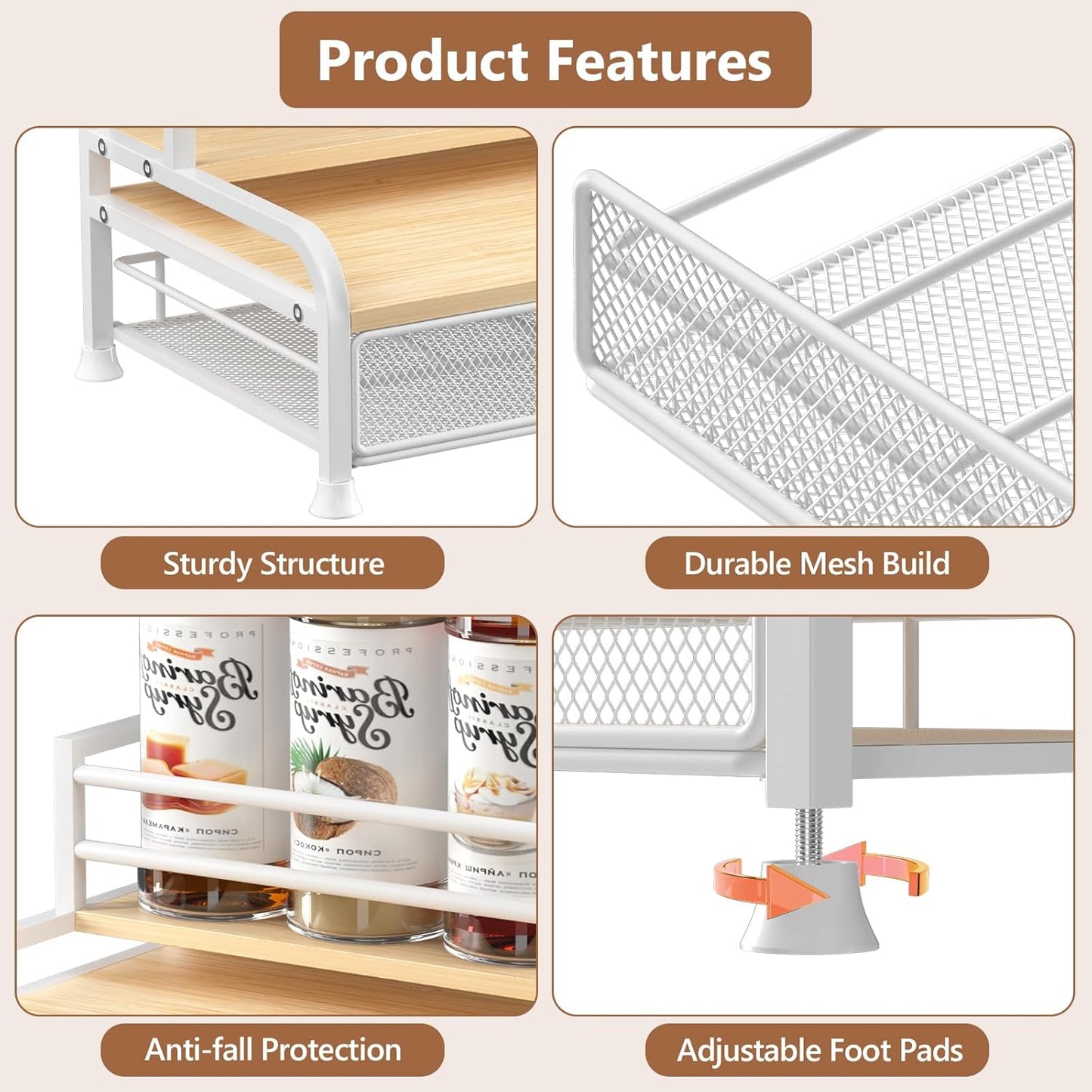 Coffee Syrup Rack Organizer, 3-Tier 8 Bottles Syrup Rack with 35 K Cup Storage Basket for Coffee Bar, Countertop Bottle Holder Stand for Wine, Dressing for Kitchen Cafe Station- White