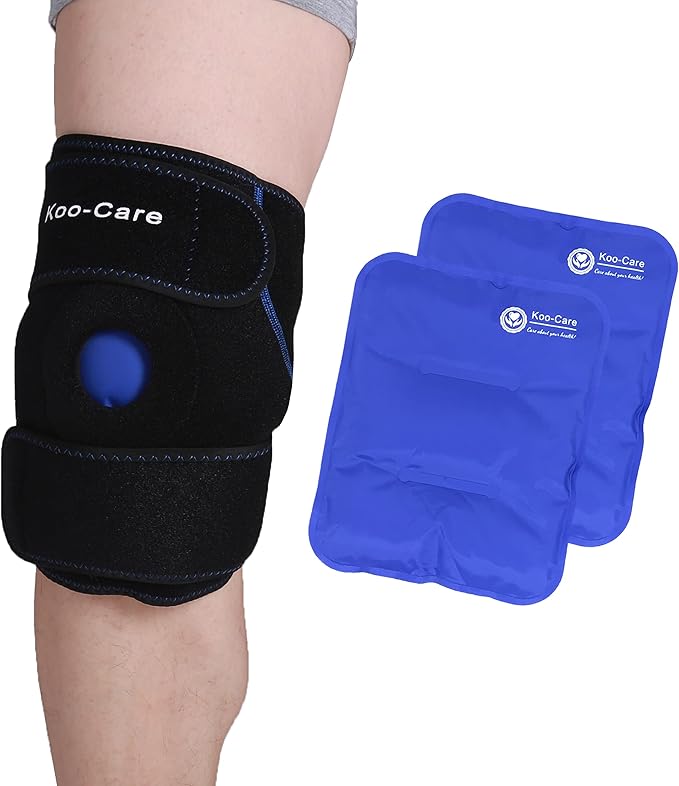 Koo-Care 2 Knee Gel Ice Pack & Wrap For Injuries Reusable Hot Cold Therapy Compress Pain Relief for Arthritis, Tendonitis, ACL, Knee Replacement Surgery - 9.9" x 7.9" Neoprene Brace With Long Straps