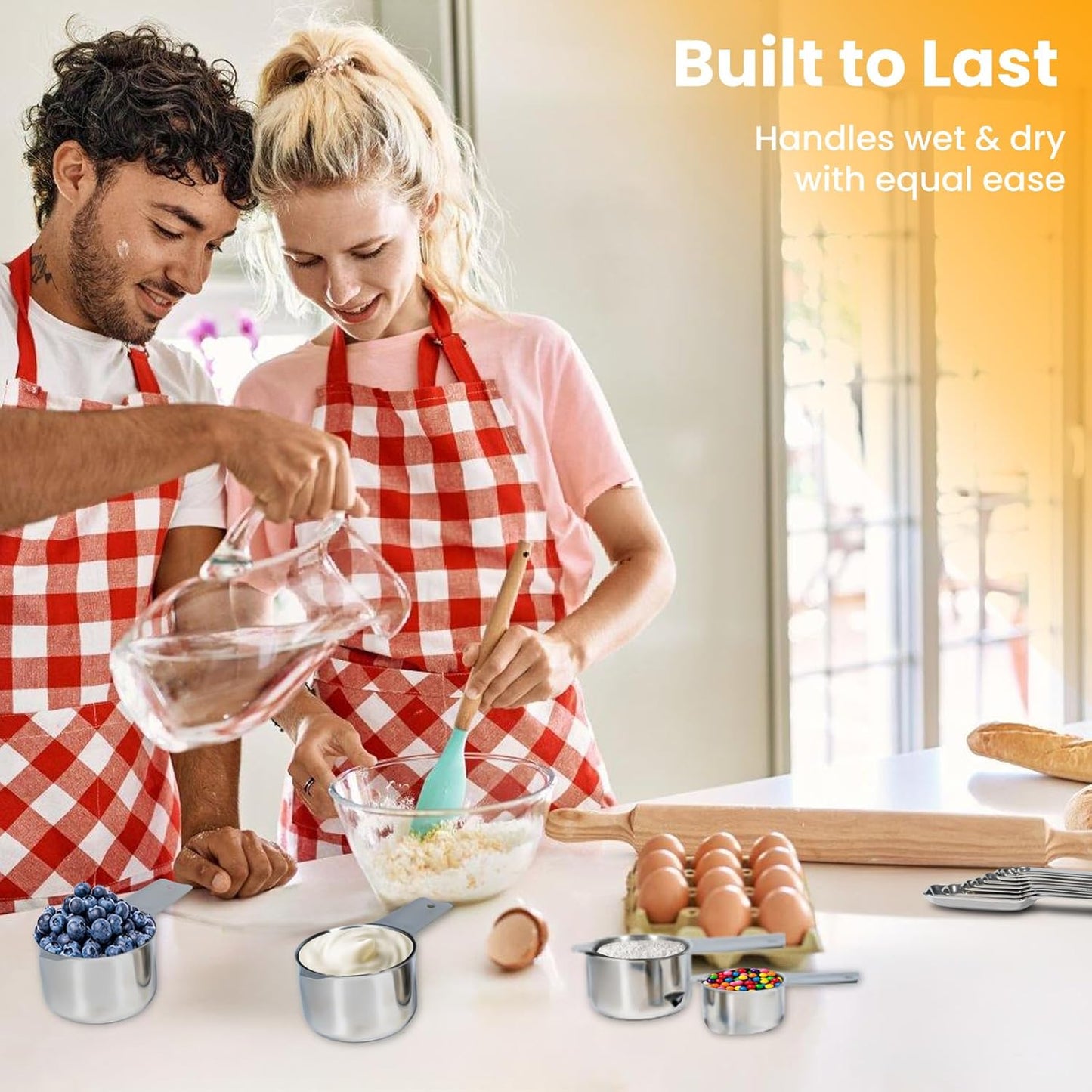 20PCS Measuring Cups and Spoons Set, Includes 7 Stackable Stainless Steel Cups, 7 Rectangular & 5 Mini Measuring Spoons with Leveler Fits Spice Jars, Kitchen Gadgets with Engraved Markings