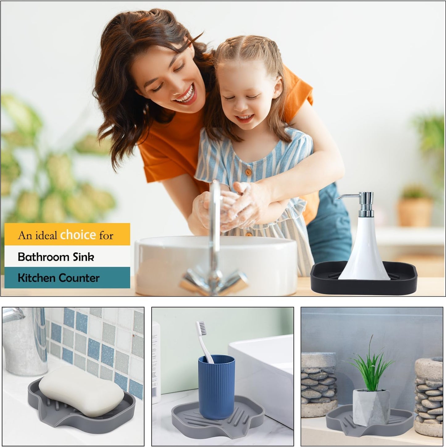 YASMEN 2 Pcs Silicone Soap Dish, Soap Holder with Drain, Sponge Holder for Kitchen Sink, Soap Dispenser Tray, Bathroom & Kitchen Sink Organizer, Rubber Soap Dishes for Bar Soap,Soap Bottles-Black/Grey