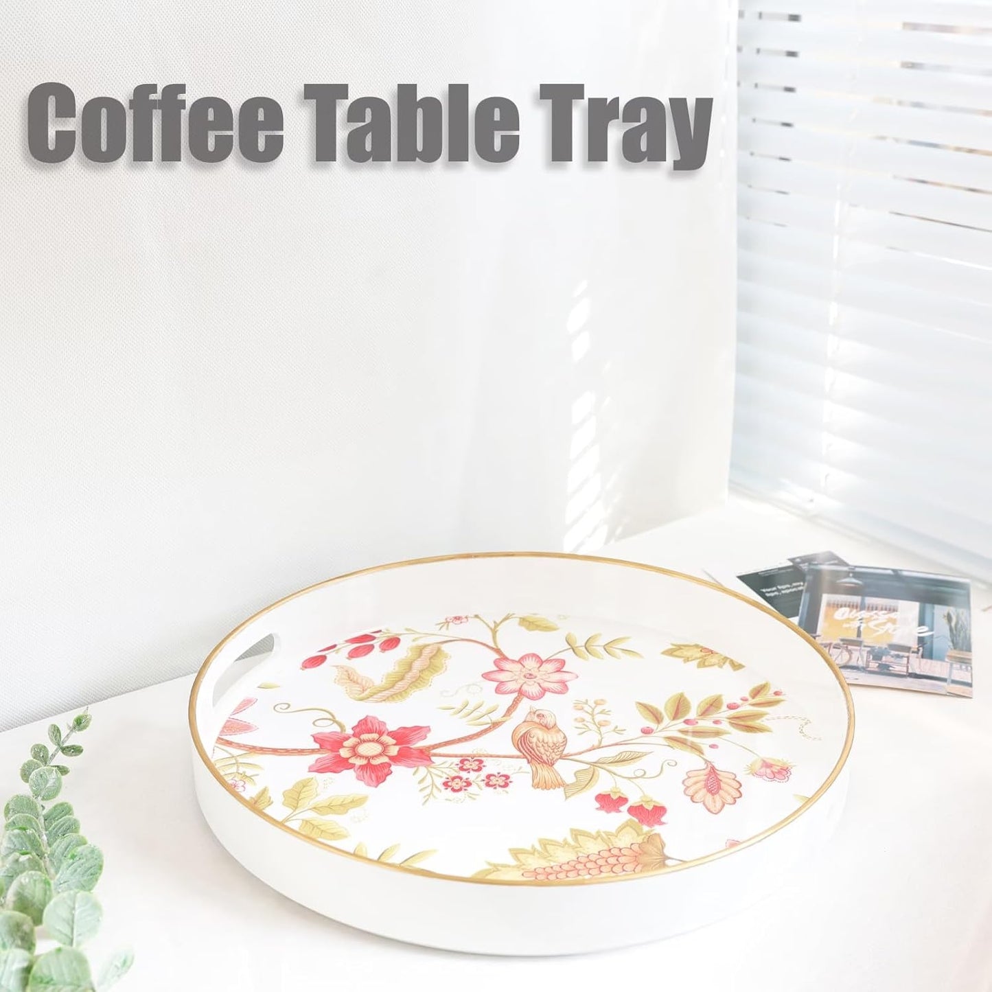 Spsyrine Decorative Serving Tray with Handles, Lacquered Coffee Table Tray for Ottoman, Round Waterproof Platters for Centerpieces, Parties, Living Room, Kitchen Counter Organization Yellow