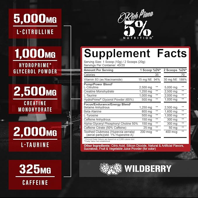 5% Nutrition Rich Piana Kill It Pre Workout Powder w/Creatine, Caffeine, Beta Alanine, Hydroprime Glycerol for Pump, Strength, Endurance | 14.11 oz, 40 Srvgs (Wildberry)