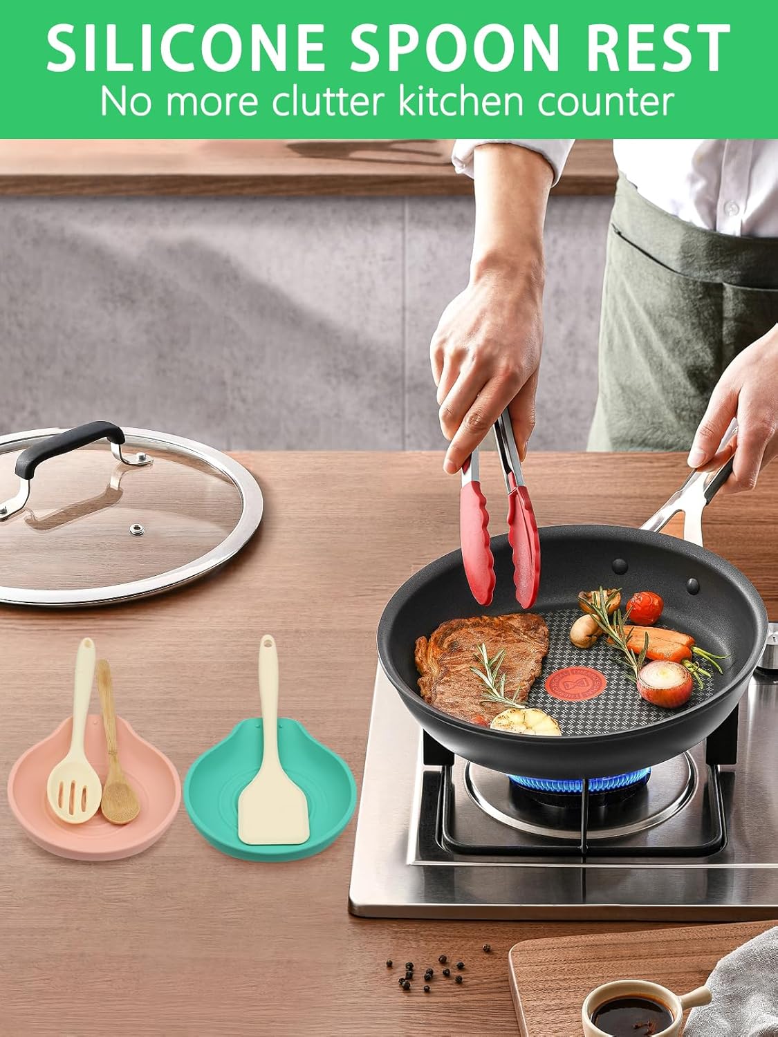 Spoon Rest for Stove Top, Silicone Spoon Rest for Kitchen Countertop, Heat-Resistant Utensil Rest for Spatula, Tongs or Spoon, Green