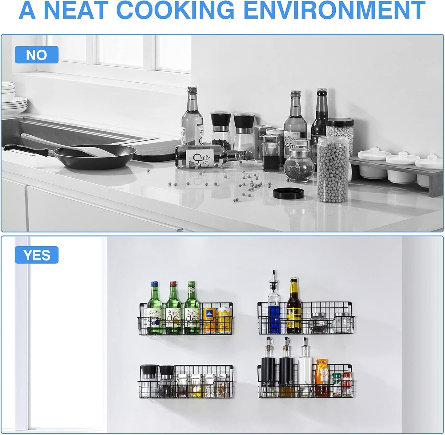 Spice Rack Wall Mount, Spice Organizer for Cabinet & Pantry Door, Set of 4 Hanging Spice Rack Saving Space for Kitchen, Black