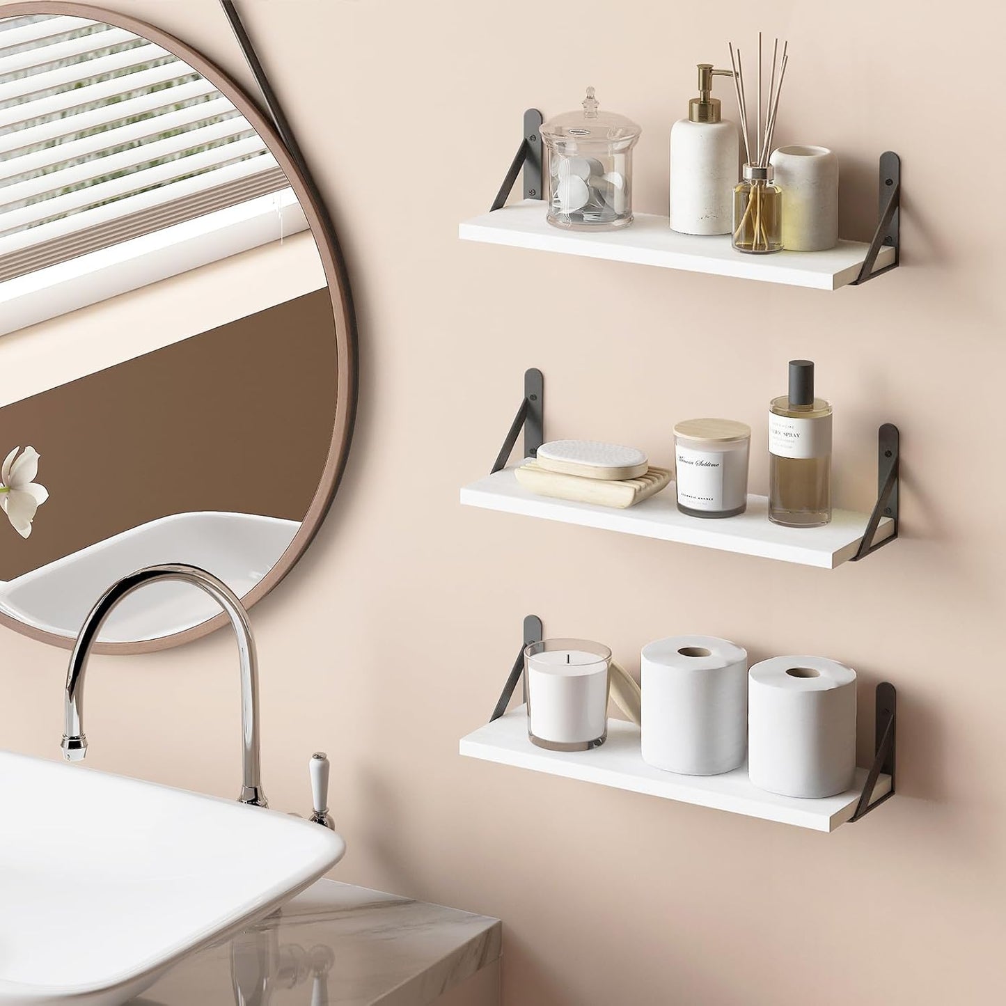 YGEOMER 16.5 Inch Floating Shelves for Wall, Farmhouse Wall Shelves for Bedroom, Bathroom Storage, Living Room and Kitchen Decor (Set of 6 White)