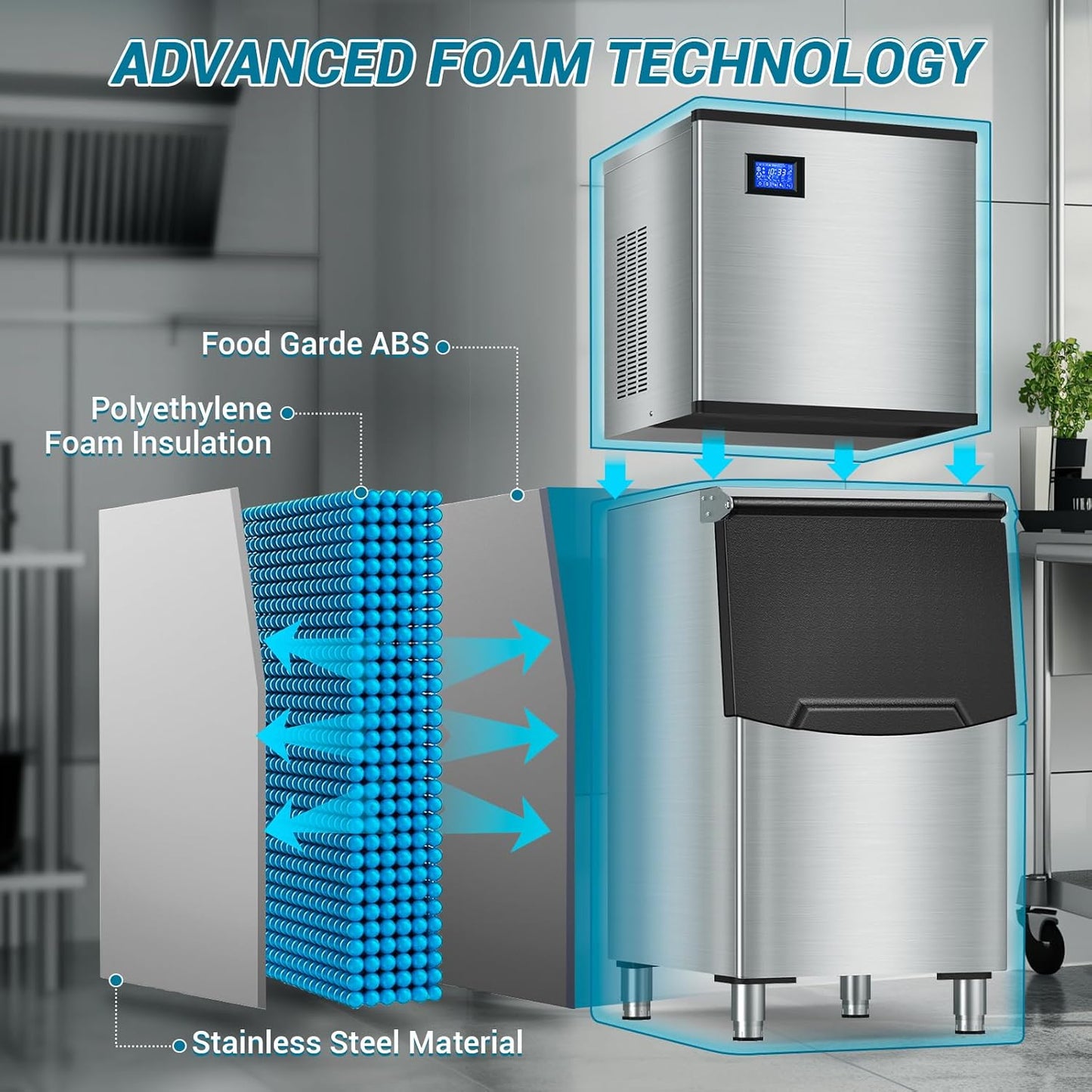 Large Commercial Ice Maker Machine: 500lbs/24H Production, with 350lbs Ice Storage Bucket, 156 Ice Cubes in 6-15 Mins - Stainless Steel Industrial Ice Maker for Restaurant, Bar, Cafe, Commercial Use