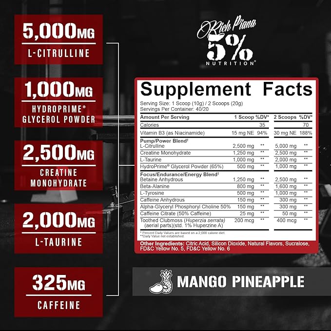 5% Nutrition Rich Piana Kill It Pre Workout Powder w/Creatine, Caffeine, Beta Alanine, Hydroprime Glycerol for Pump, Strength, Endurance | 14.11 oz, 40 Srvgs (Mango Pineapple)