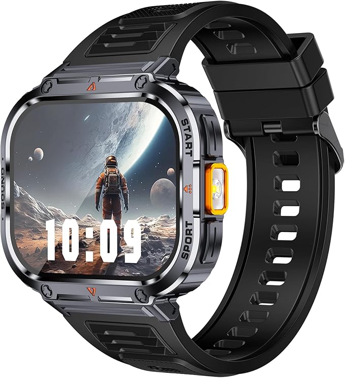 Loluka Big Screen Smart Watch for Men, 2.0'' HD Military Smartwatch with LED Flashlight 5ATM Waterproof Rugged Tactical Fitness Tracker (Answer/Make Calls)