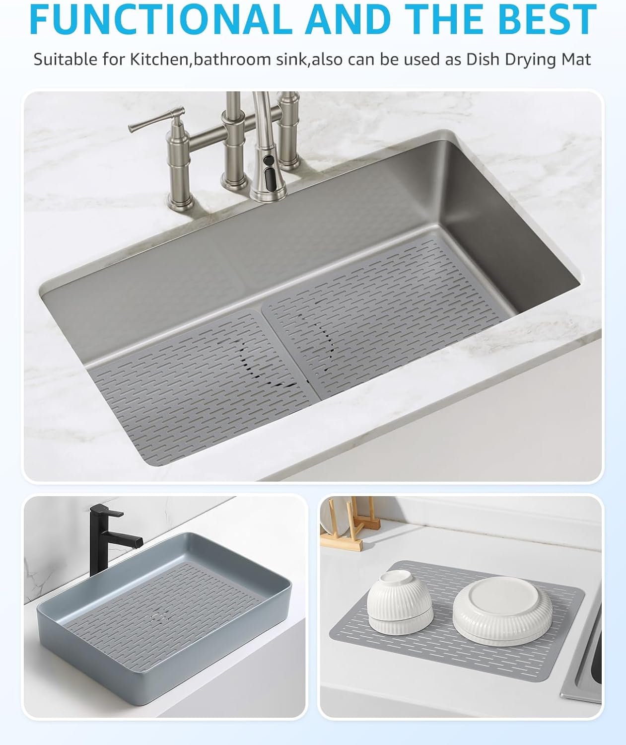 Bligli Mesh Sink Mat, 15.7 x 11.8inch Sink Prtector Mats for Kitchen Sinks, PVC Eco-Friendly Sink Protectors for Bottom of Sink, Fast Draining, Easy Cleaning, Gray