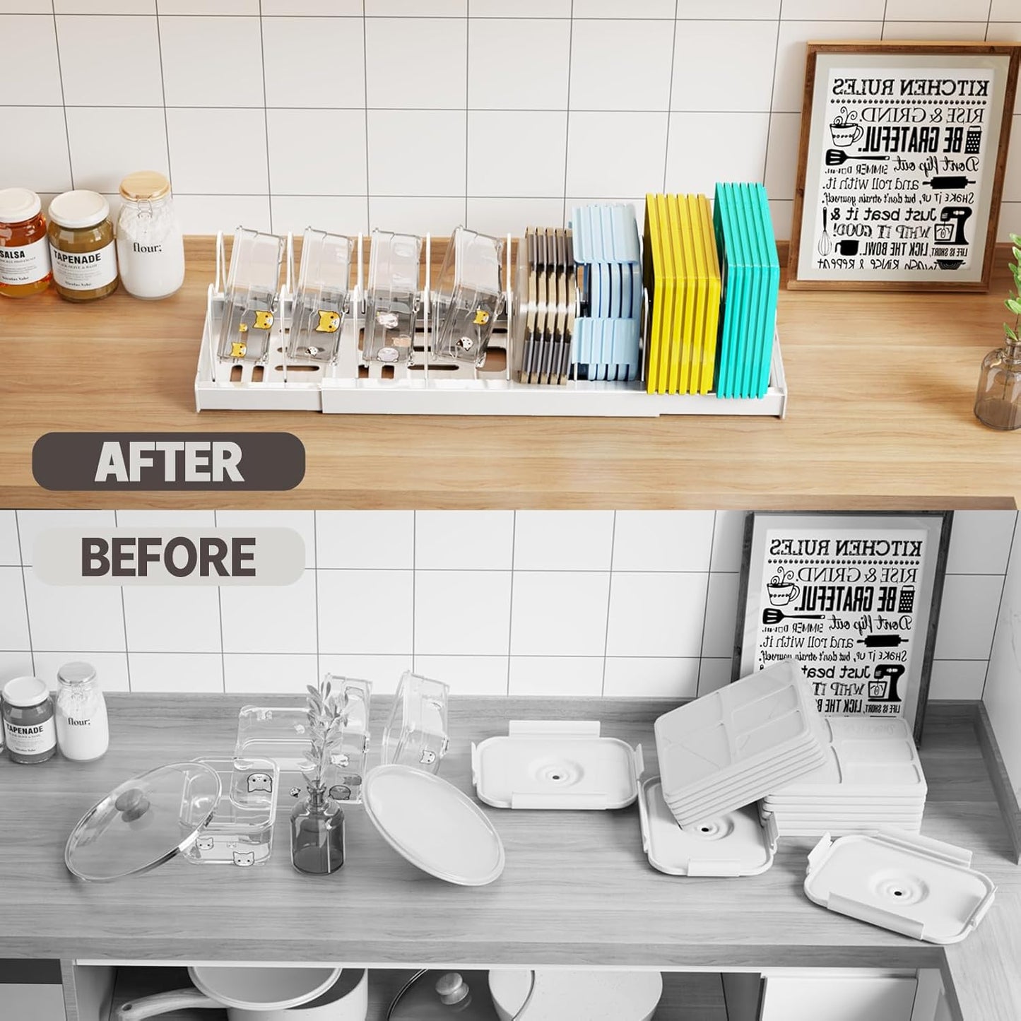 2 Pack Expandable Food Storage Container Lid Organizers, 22" Pots and Pans Organizer Under Cabinet with 9 Adjustable Dividers Pot and Pan Lid Holders Rack Inside Cabinet(White)