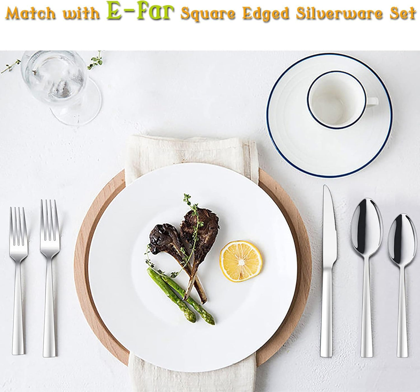 Dinner Spoons Set of 6, E-far 7.9 Inch Stainless Steel Soup Spoons Tablespoons for Home, Kitchen or Restaurant, Non-toxic & Mirror Polished, Squared Edge & Dishwasher Safe