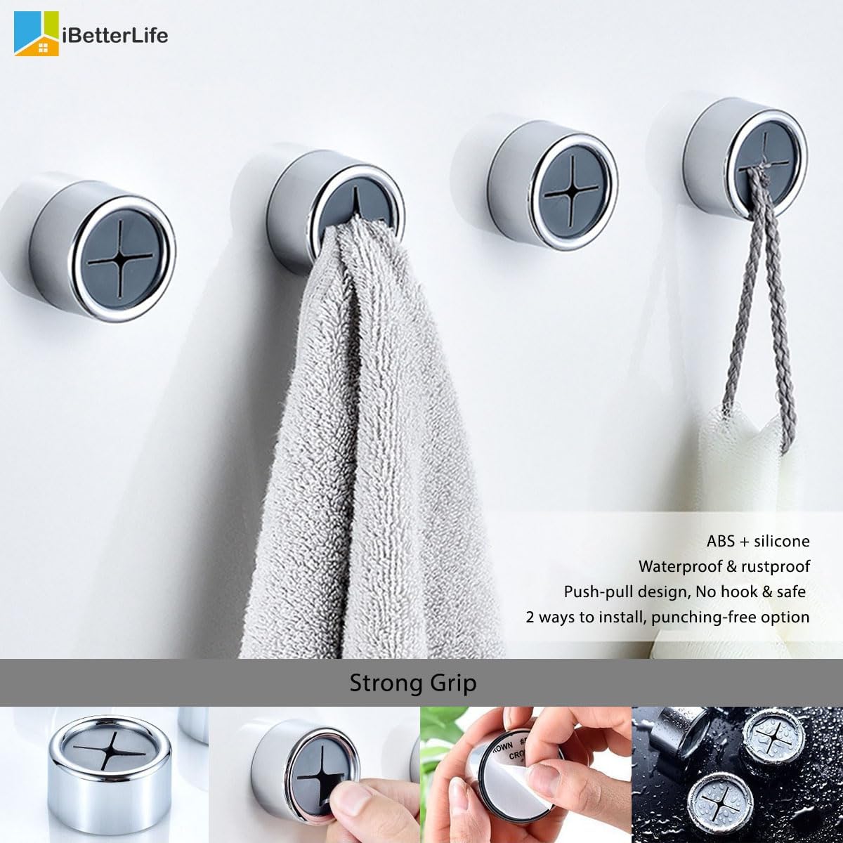 iBetterLife Adhesive Kitchen Towel Hooks - 4 Pack Dish Towel Holder for Cabinet, Push Hand Towel Hook, Dish Cloth Rag Holder for Home Bathrooms, Kitchens, Garages, RV, Within Easy Reach, Matte White