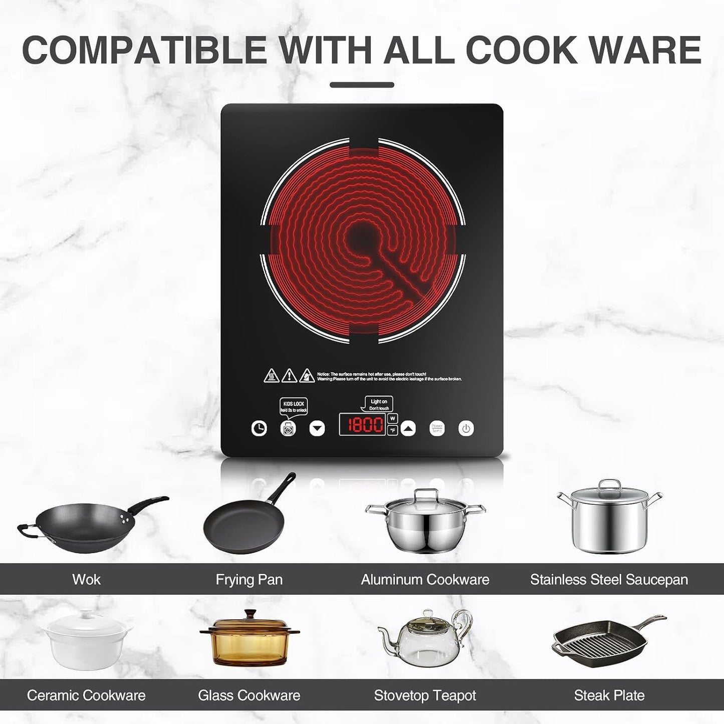 Electric Cooktop Single Burner Portable Stove 1800W 110v -120v Countertop Hot Plates Electric Plug in, Touch Control, Child Lock, 9 Power Levels Low Noise, 4 Hour-Timer Infrared Cooktop