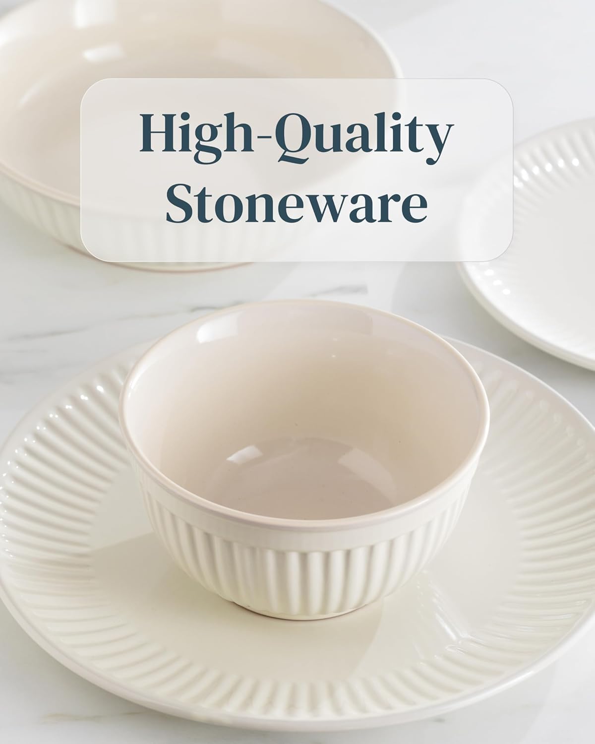 Stoneware Dinnerware Set for 4 People HYGGE 12-Piece - Elegant Scandi Design - Premium Dish Set - Bowl and Plate Set - Tableware for 4 People in a Ribbed Design - Pure Living in Beige