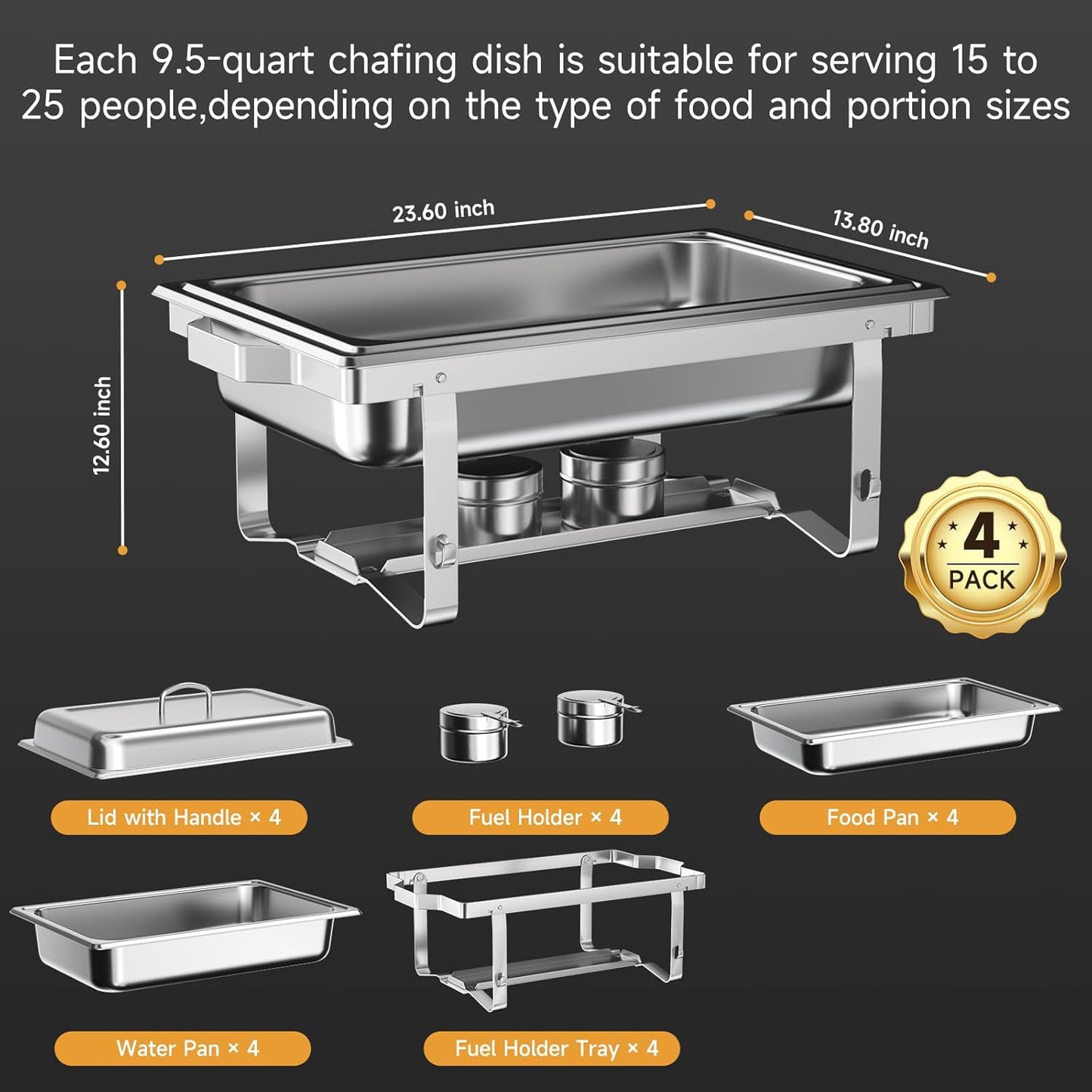 Chafing Dishes for Buffet 4 Pack, 9QT Chafing Dish High Grade Stainless Steel Chafer Complete Set,Steel Handle, Catering Events Complete Buffet Warmer Set (Silver, 4)