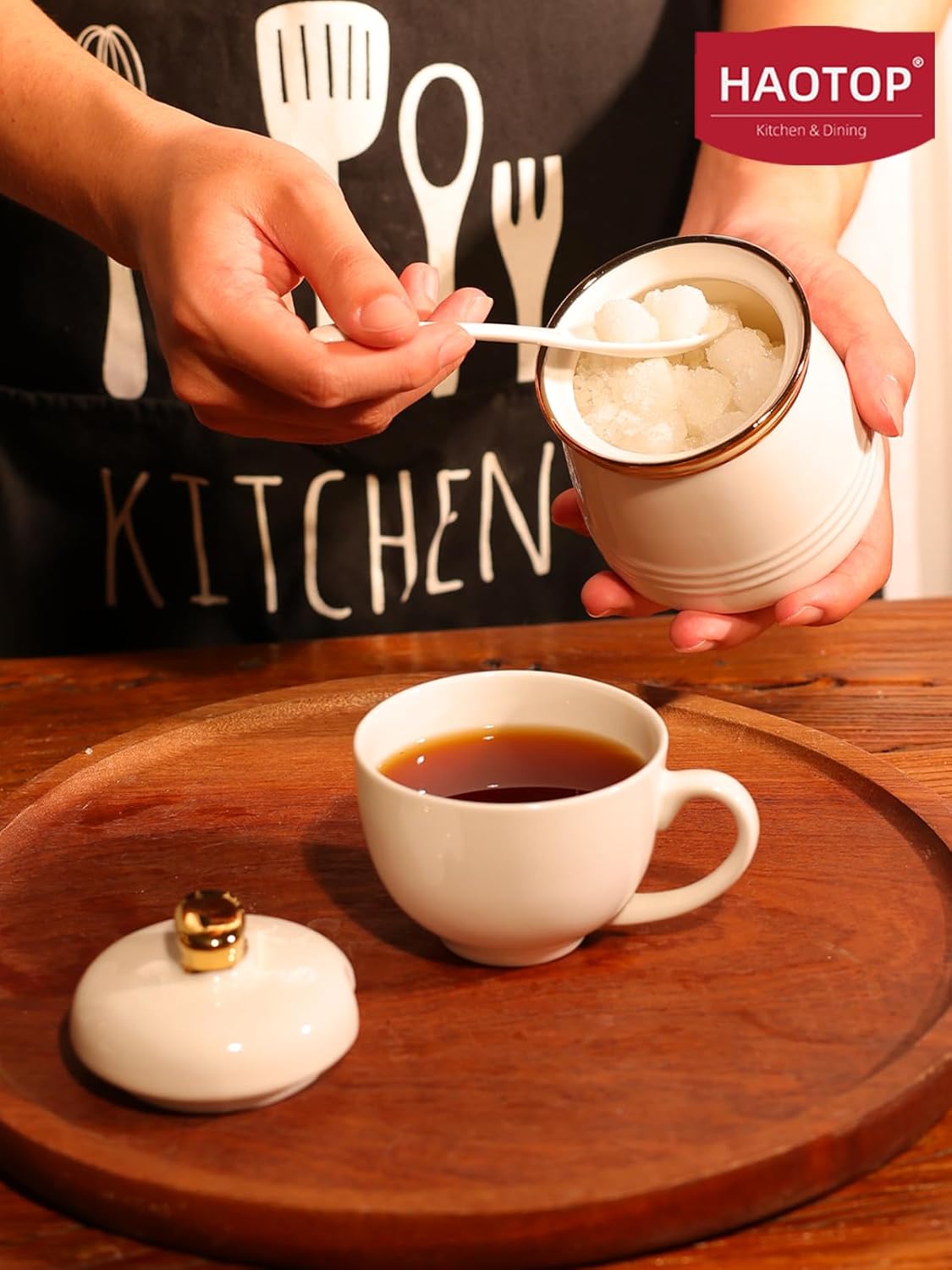 HAOTOP 12oz Sugar Bowl with Lid and Spoon,Simple Ceramic Sugar Jar Sugar Container Sugar Dispenser Coffee Bar Accessories, Modern Kitchen Countertop Canisters, White