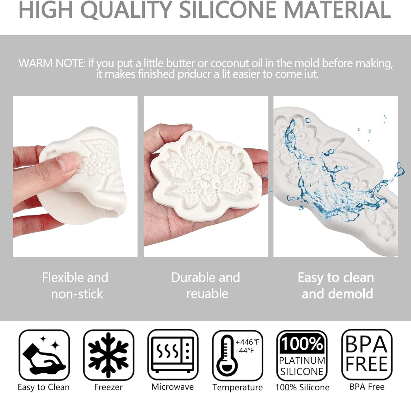 Lace Fondant Molds 4 Pcs, Peonies Embroidery Chocolate Cake Border Decorating Molds, Candy Sugar Craft Baking Tools, Cupcake Toppers Flower Paste Cookies Marzipan Mousse Butter Clay Epoxy