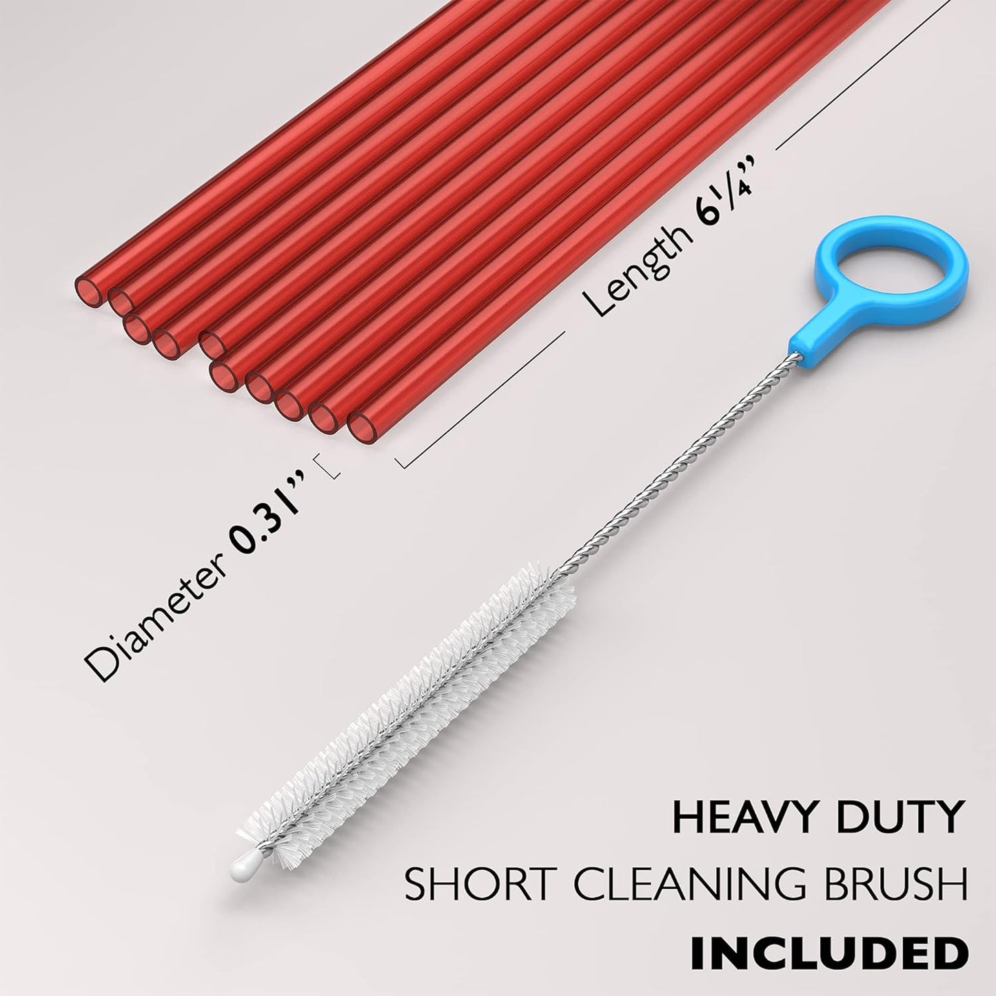 10 Short Reusable Hard Red Plastic Drinking Straws, Medium Width + Sturdy Cleaning Brush - for Cocktails, Small Cups, Kids Drinks - Dishwasher Safe BPA Free