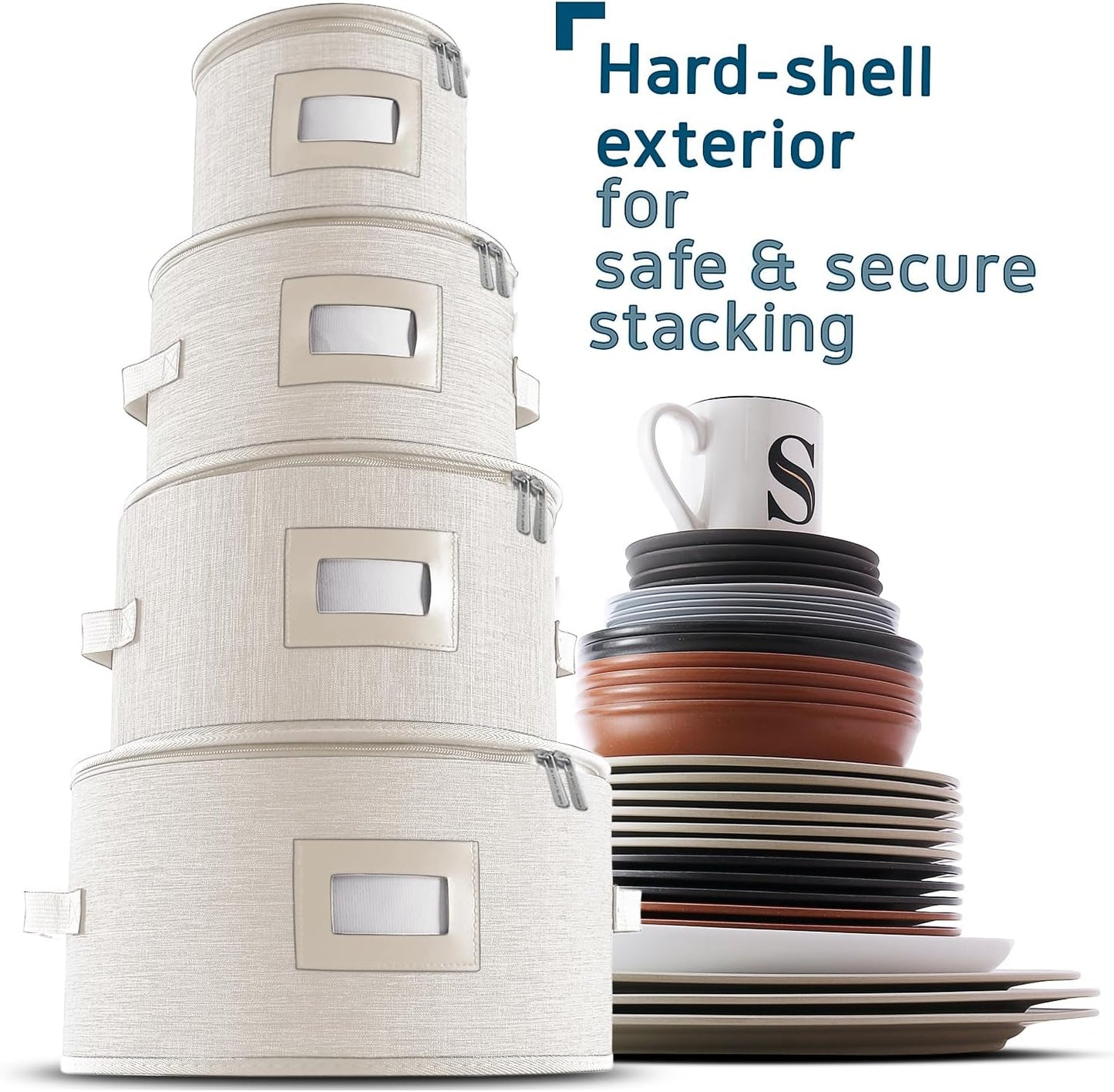 Fine China Storage Containers, 5 Piece Quilted Dish Storage Containers, Mug, Cup, and Plate Dish Organizer with Felt Dividers, Service of 12 Dinnerware Boxes for Moving, Seasonal Organization, Cream