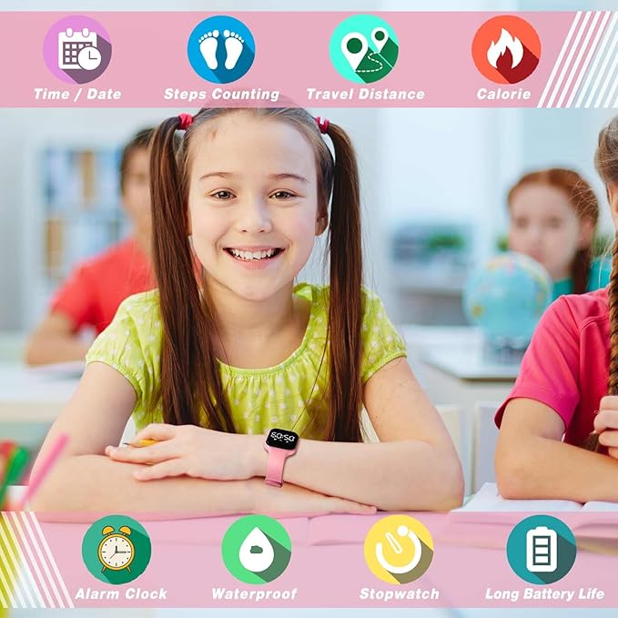 Kids Fitness Tracker,Digital Pedometer Watch,Sport Watch, Steps Counter, Waterproof, Alarm Clock for Boys Grils Kids Children (Pink)