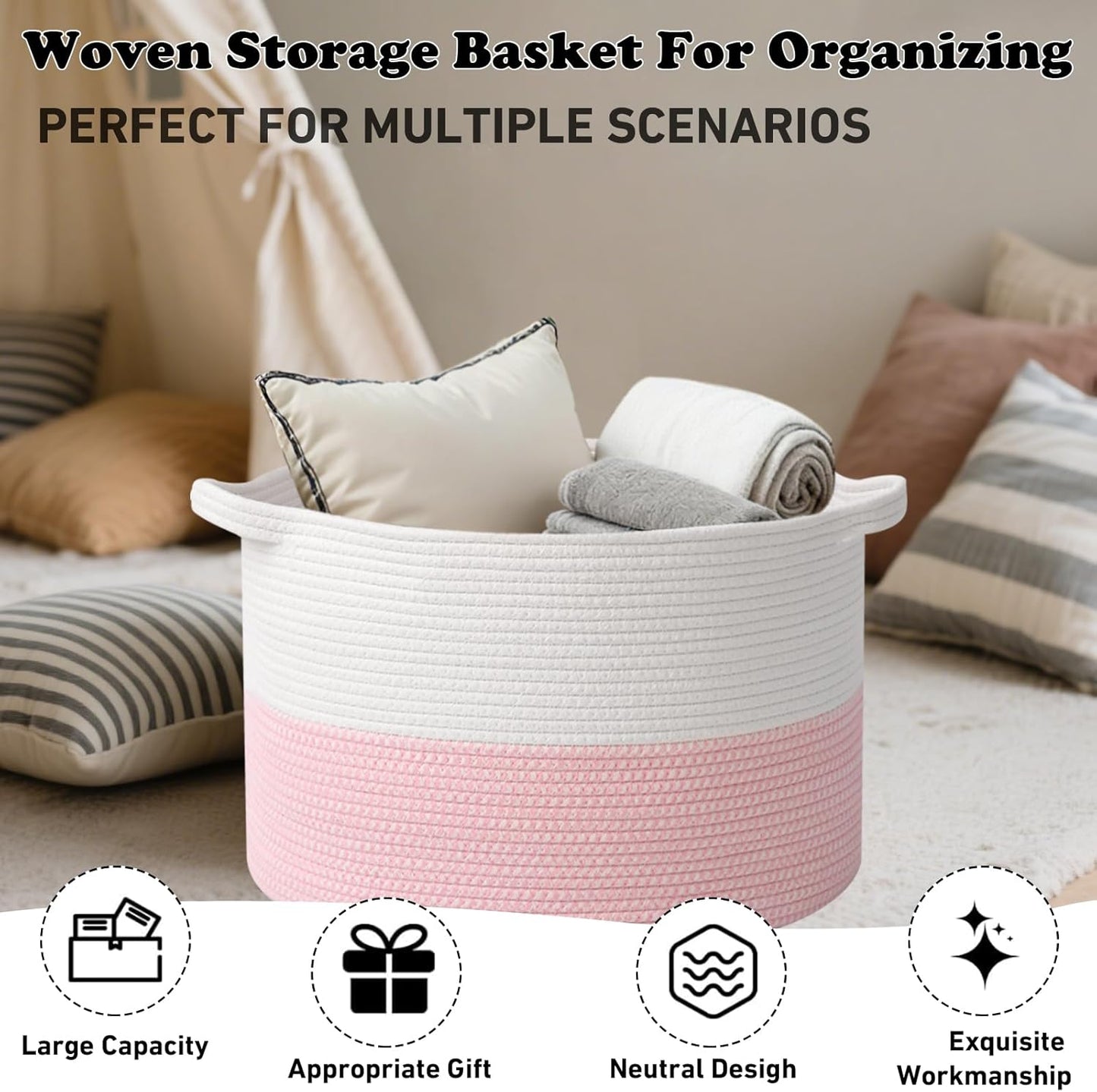 Large Blanket Basket for Organizing,115L Closet Organizers and Storage Bins Box for Shelves Woven Rope Storage Baskets,Living Room,Bedroom,Dorm,Laundry room (White&Pink)