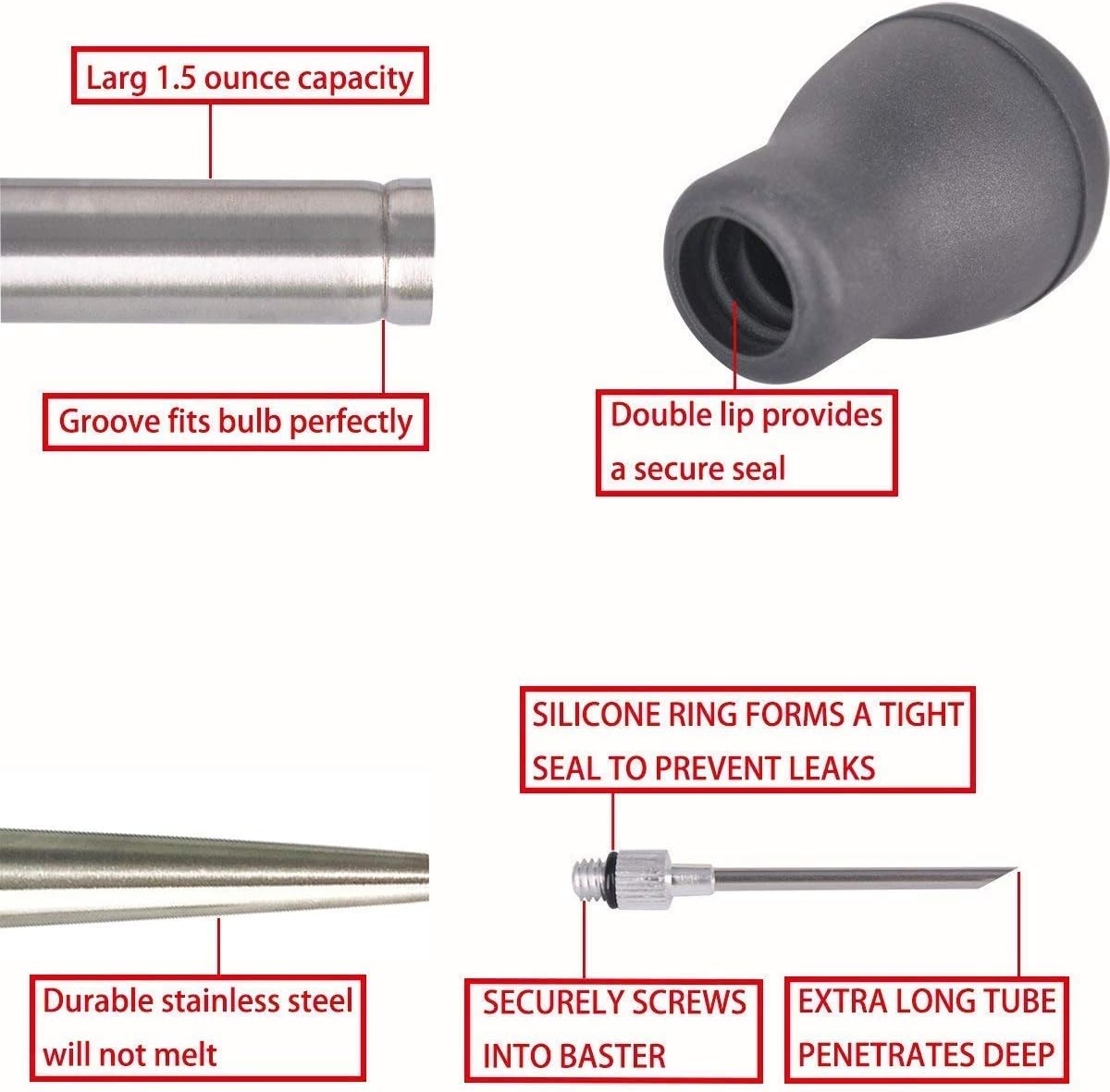 304 Stainless Steel Turkey Baster Syringe Injector Needle With Cleaning Brush- black Rubber Bulb