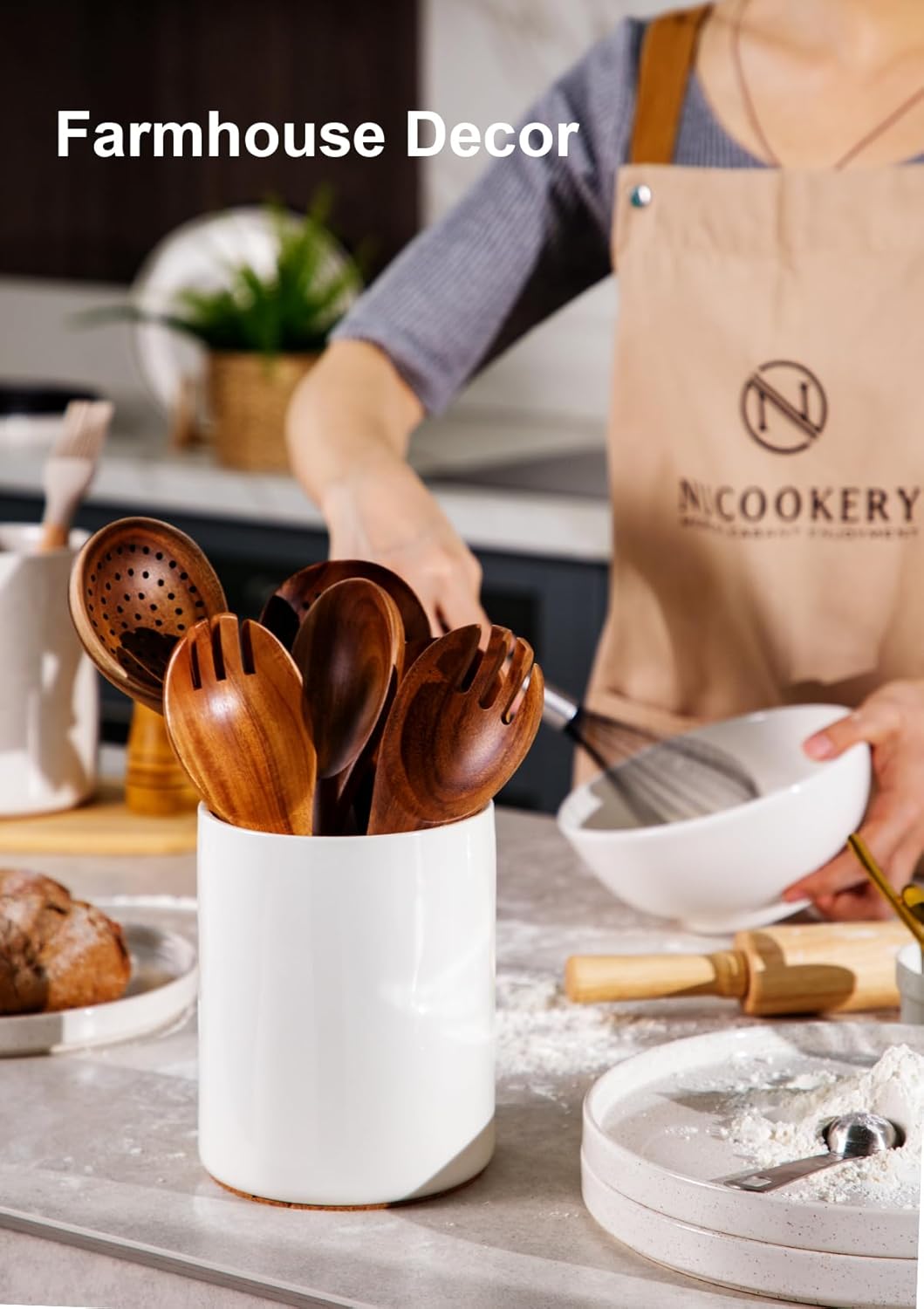 Nucookery Utensil Holder, 6.4" Ceramic Kitchen Utensil Holder with Countertop-Protection Cork Bottom, Farmhouse Kitchen Decor for Counter, Gift (White)